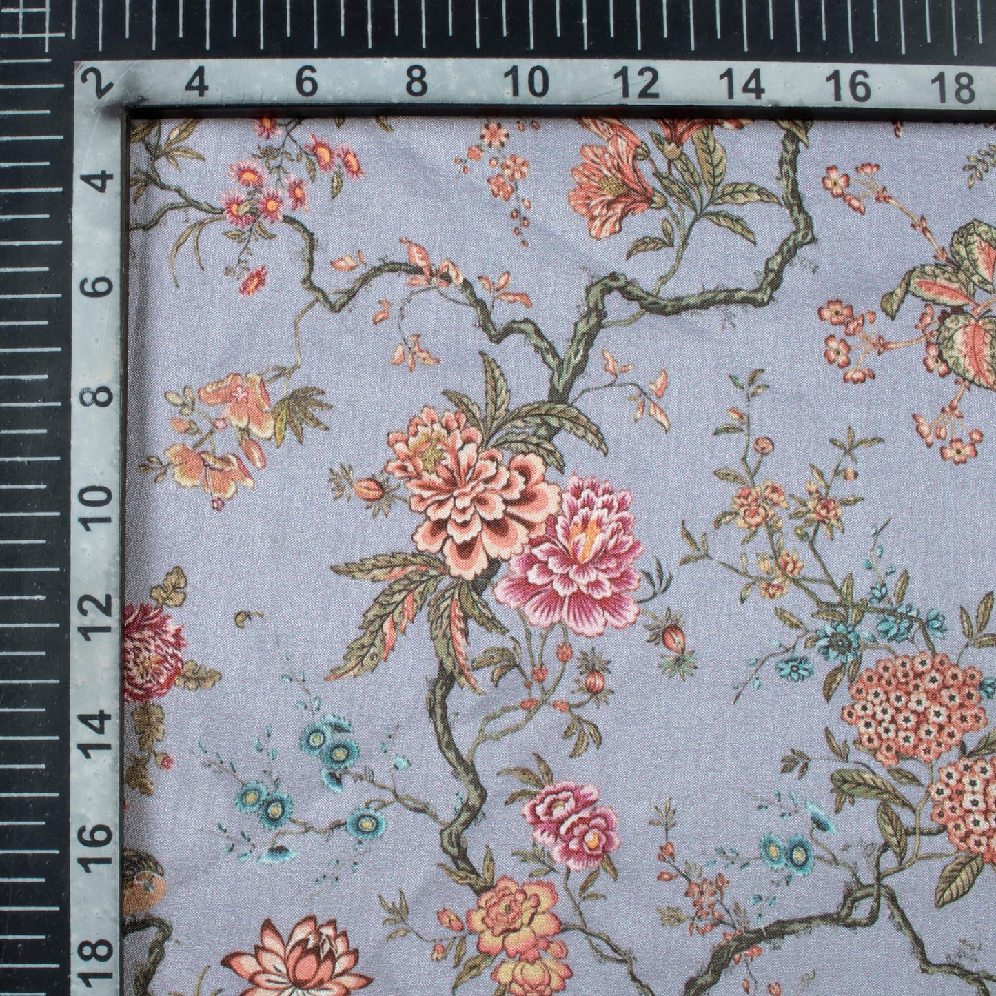 Shark Grey And Maroon Floral Pattern Digital Print Flat Silk Fabric