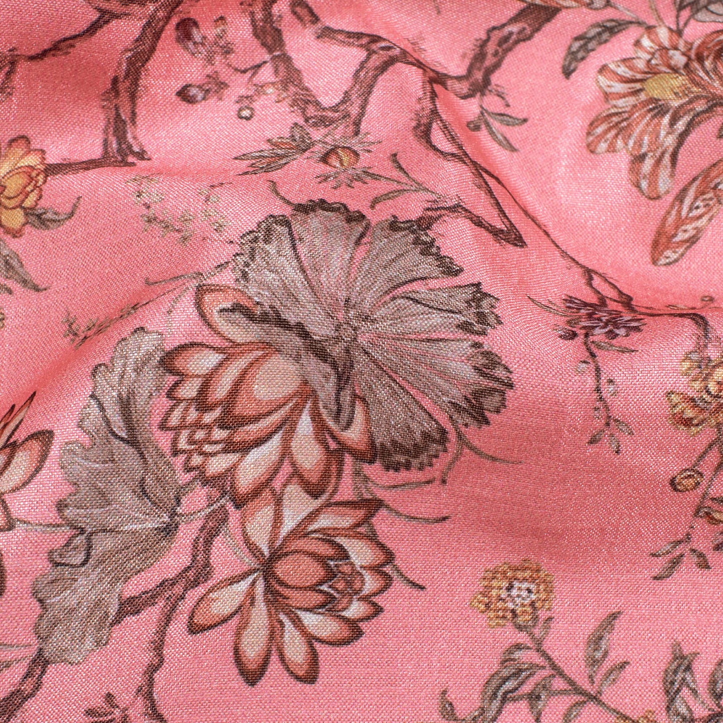 Creamy Pink And Maroon Floral Pattern Digital Print Flat Silk Fabric