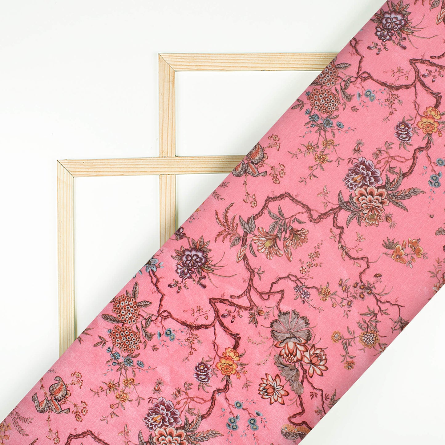 Creamy Pink And Maroon Floral Pattern Digital Print Flat Silk Fabric