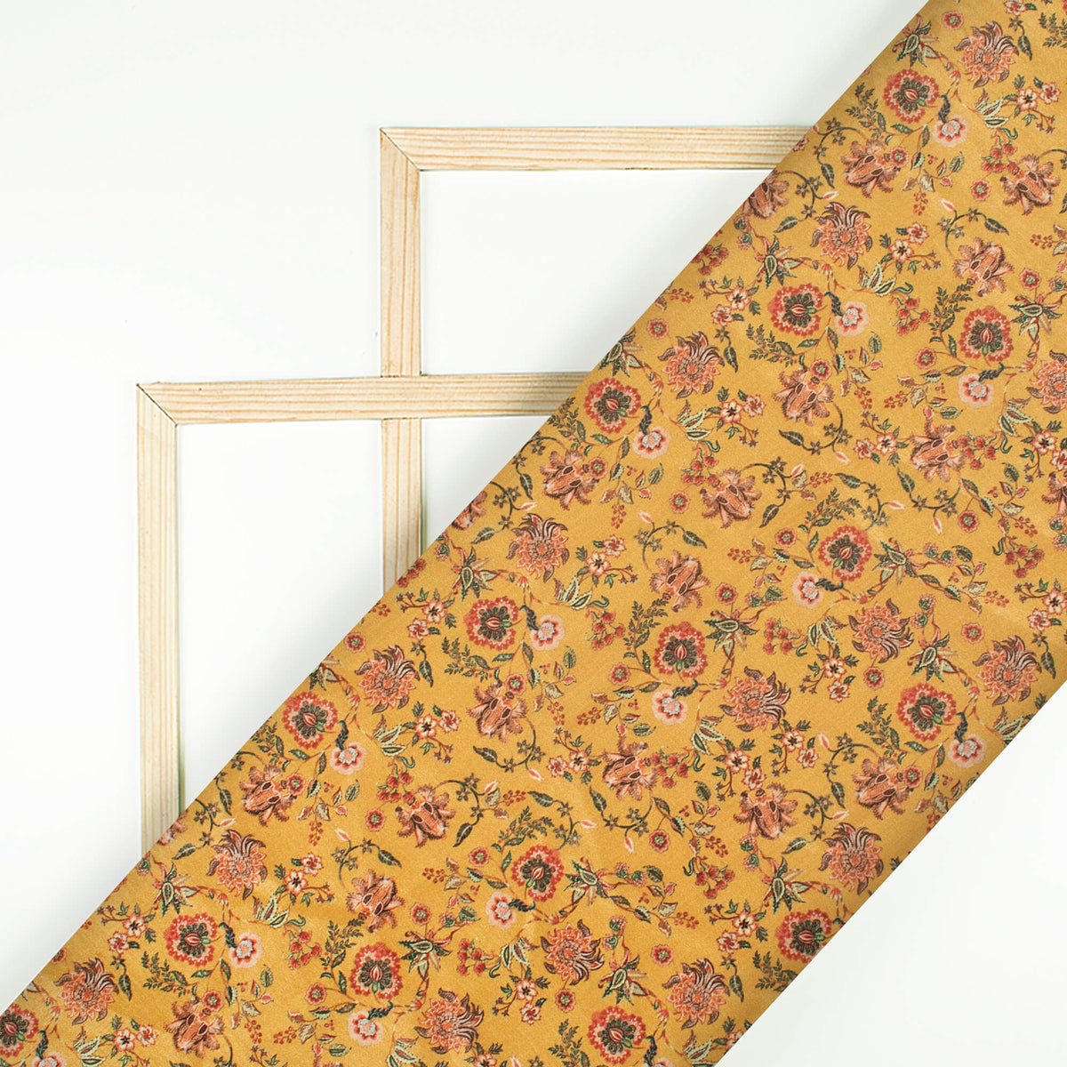 Dijon Yellow And Brick Pink Floral Pattern Digital Print Flat Silk Fabric