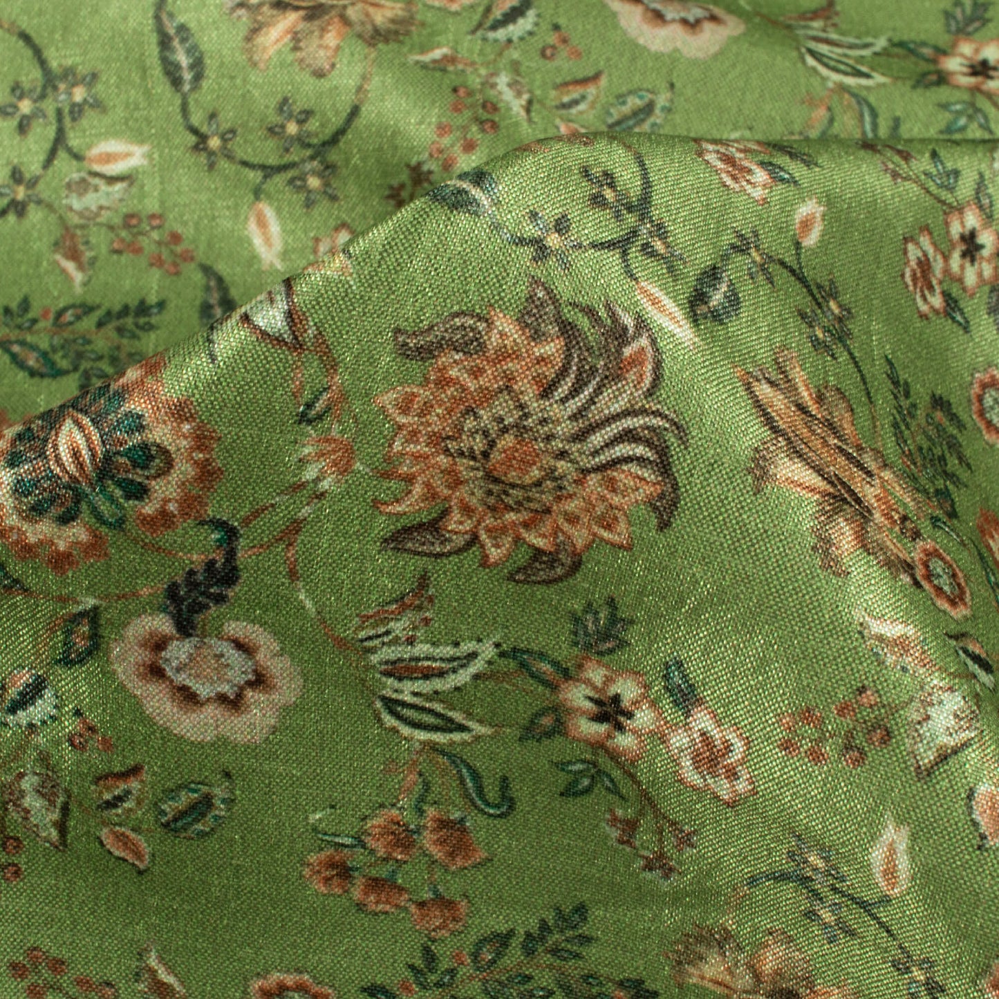 Fern Green And Pink Floral Pattern Digital Print Flat Silk Fabric