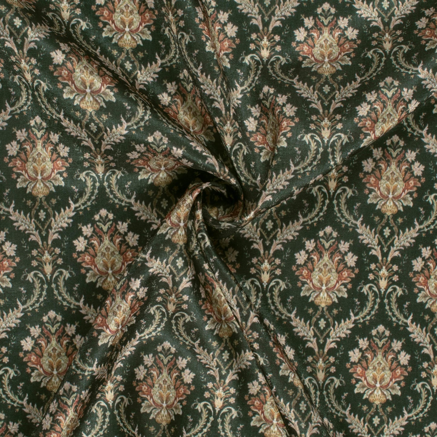 Deep Green And Beige Trellis Pattern Digital Print Flat Silk Fabric