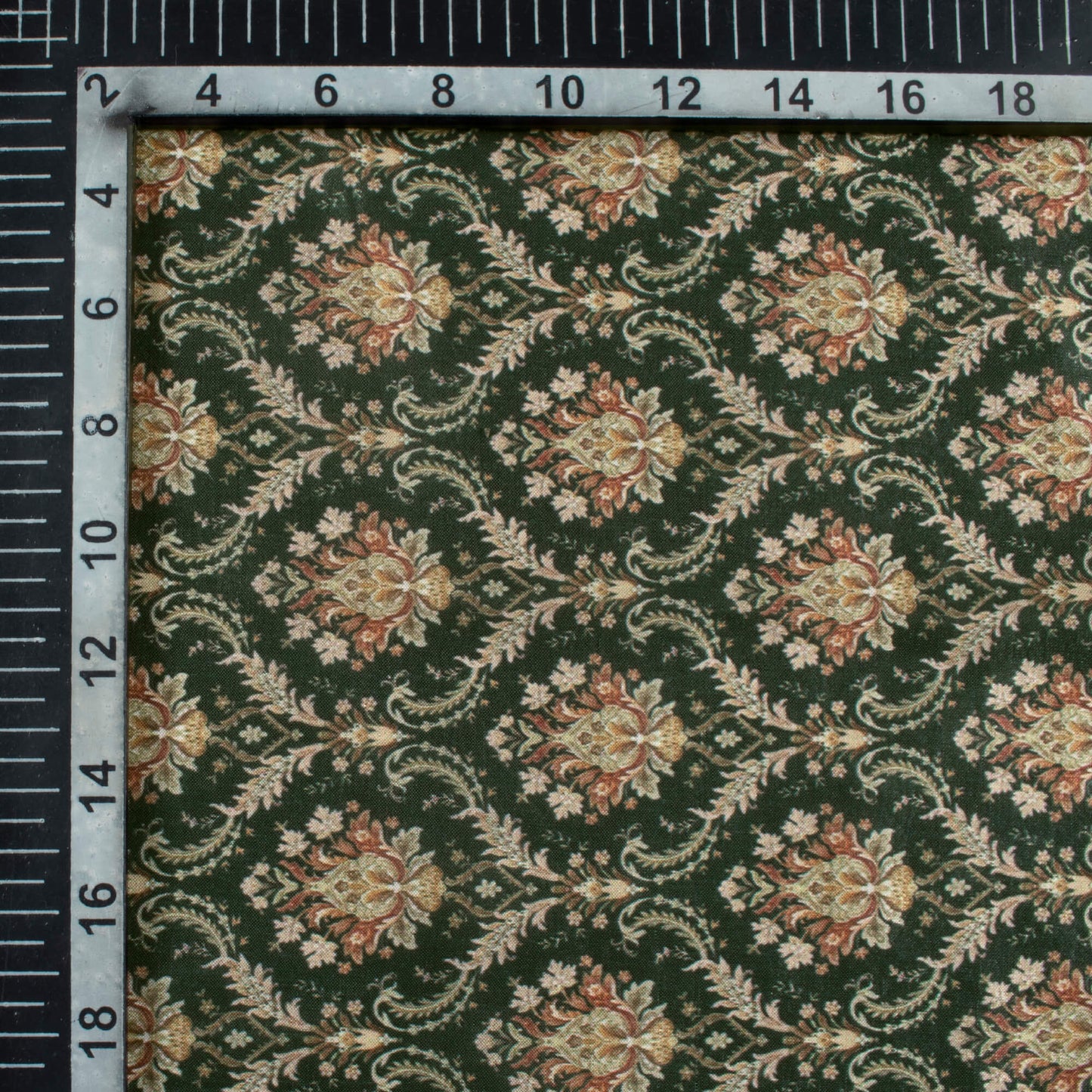 Deep Green And Beige Trellis Pattern Digital Print Flat Silk Fabric