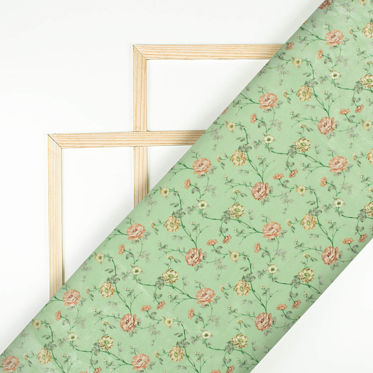 Mint Green And Rose Pink Floral Pattern Digital Print Flat Silk Fabric
