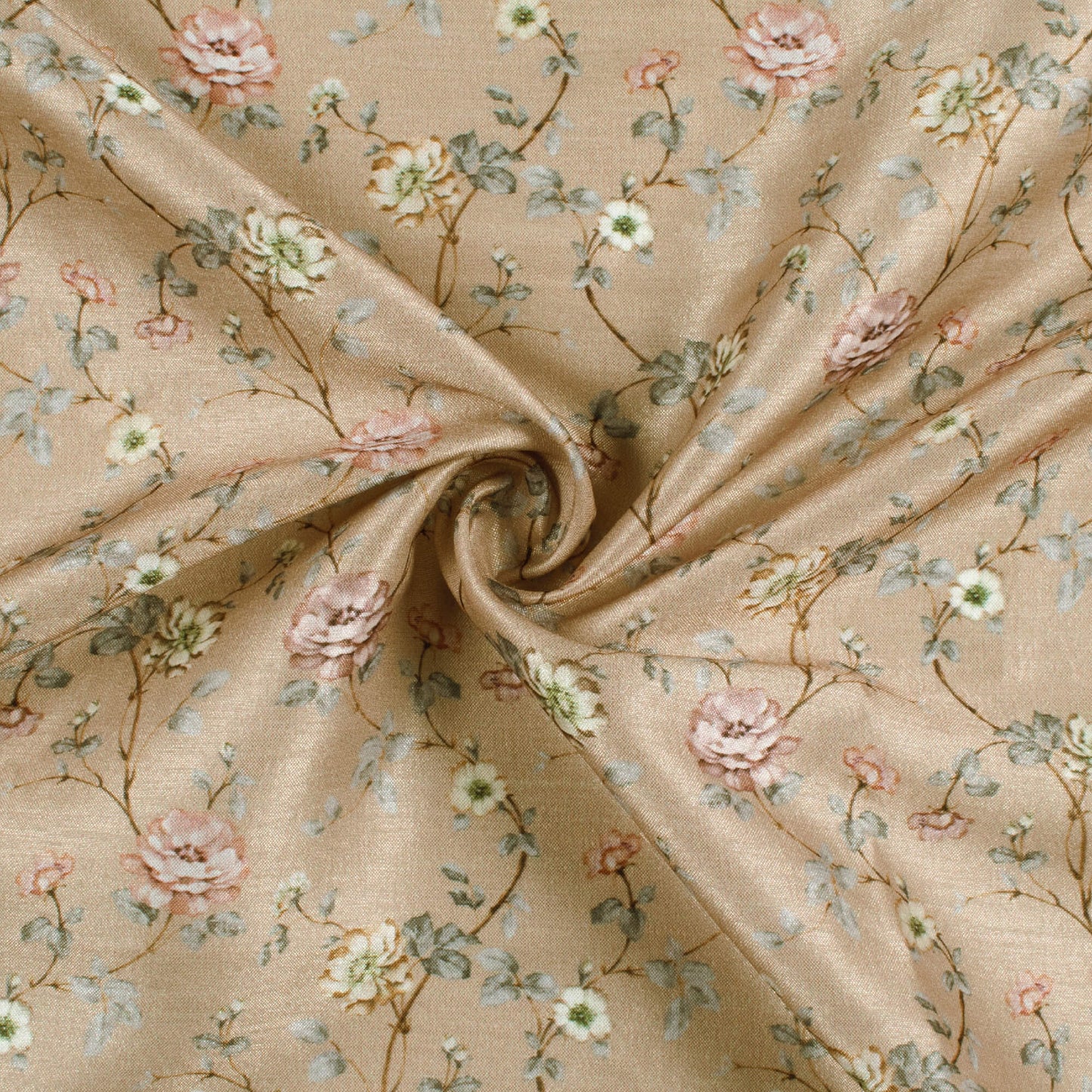 Light Brown And Rose Pink Floral Pattern Digital Print Flat Silk Fabric