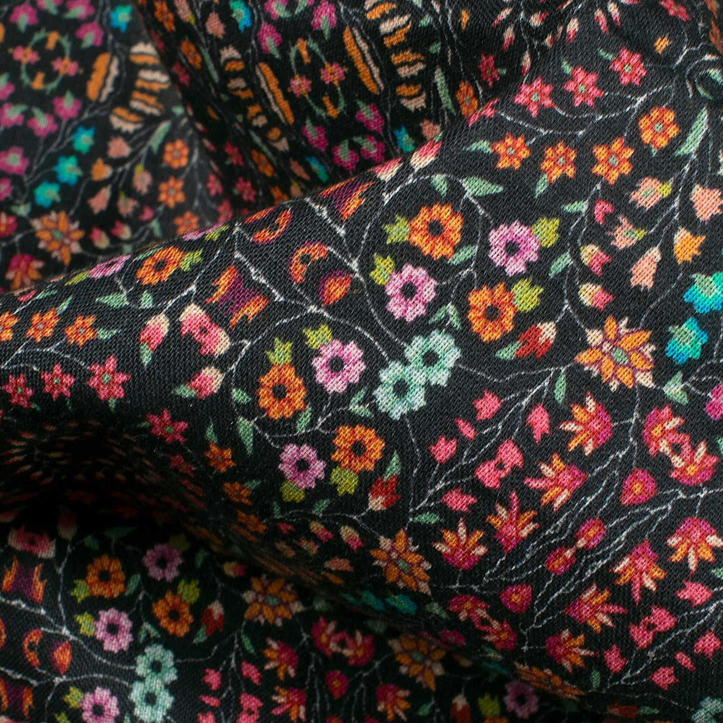 Black And Pink Floral Pattern Digital Print Cotton Cambric Fabric