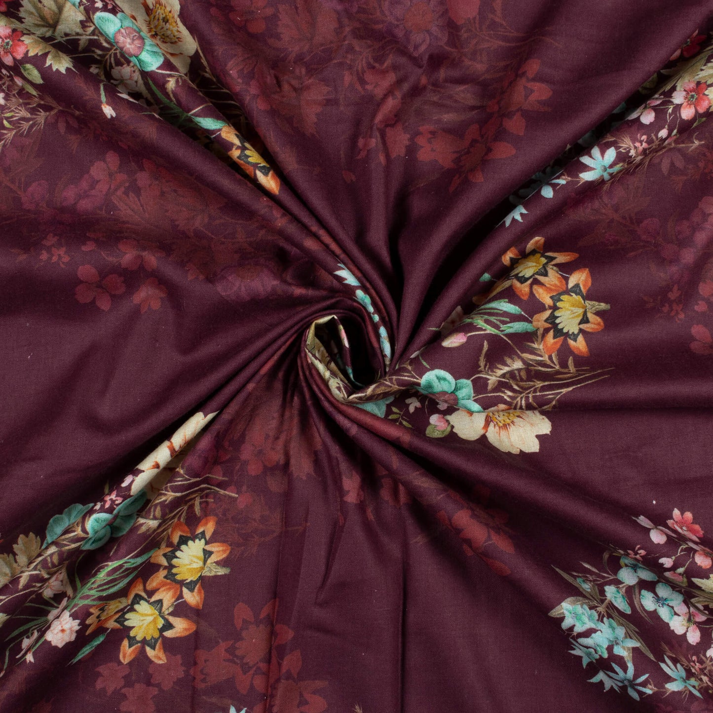 Sangria Purple And Blue Floral Pattern Digital Print Cotton Cambric Fabric