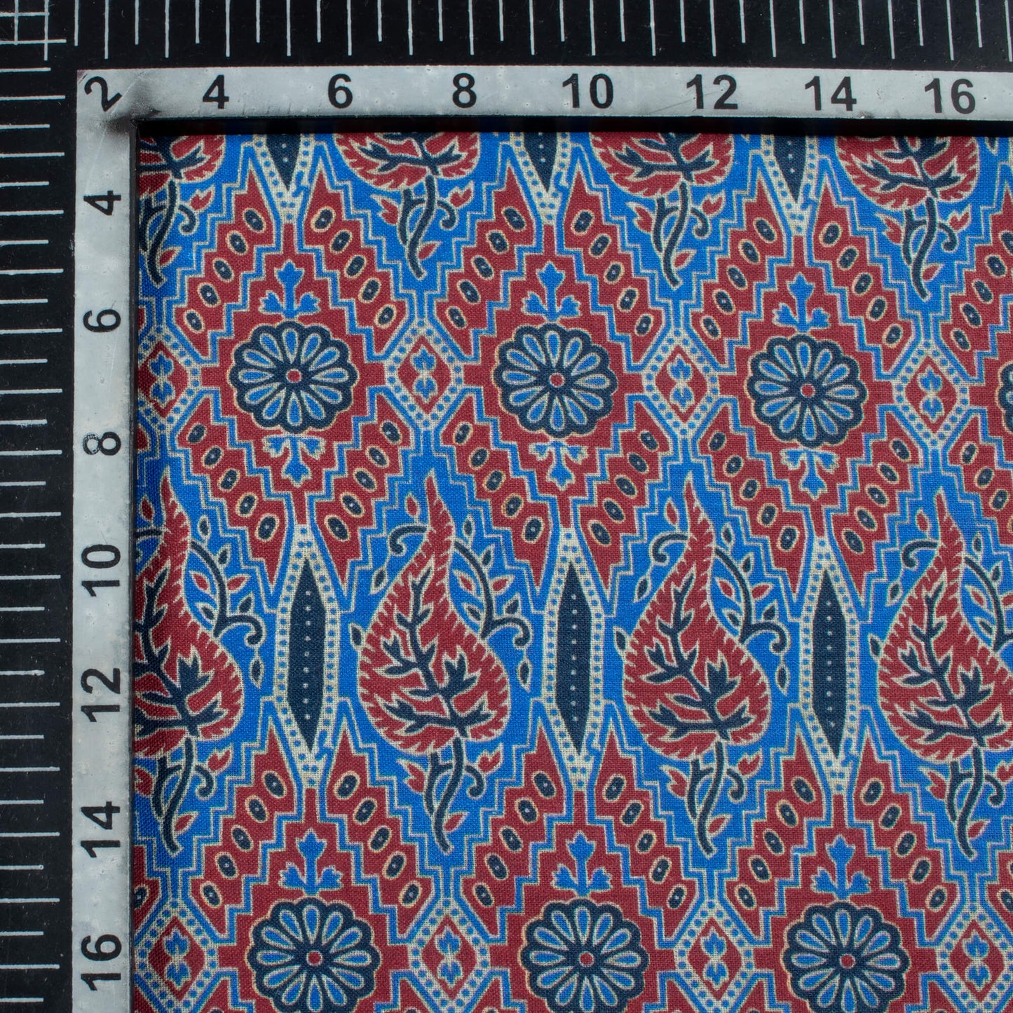 Aegean Blue And Maroon Traditional Pattern Digital Print Cotton Cambric Fabric