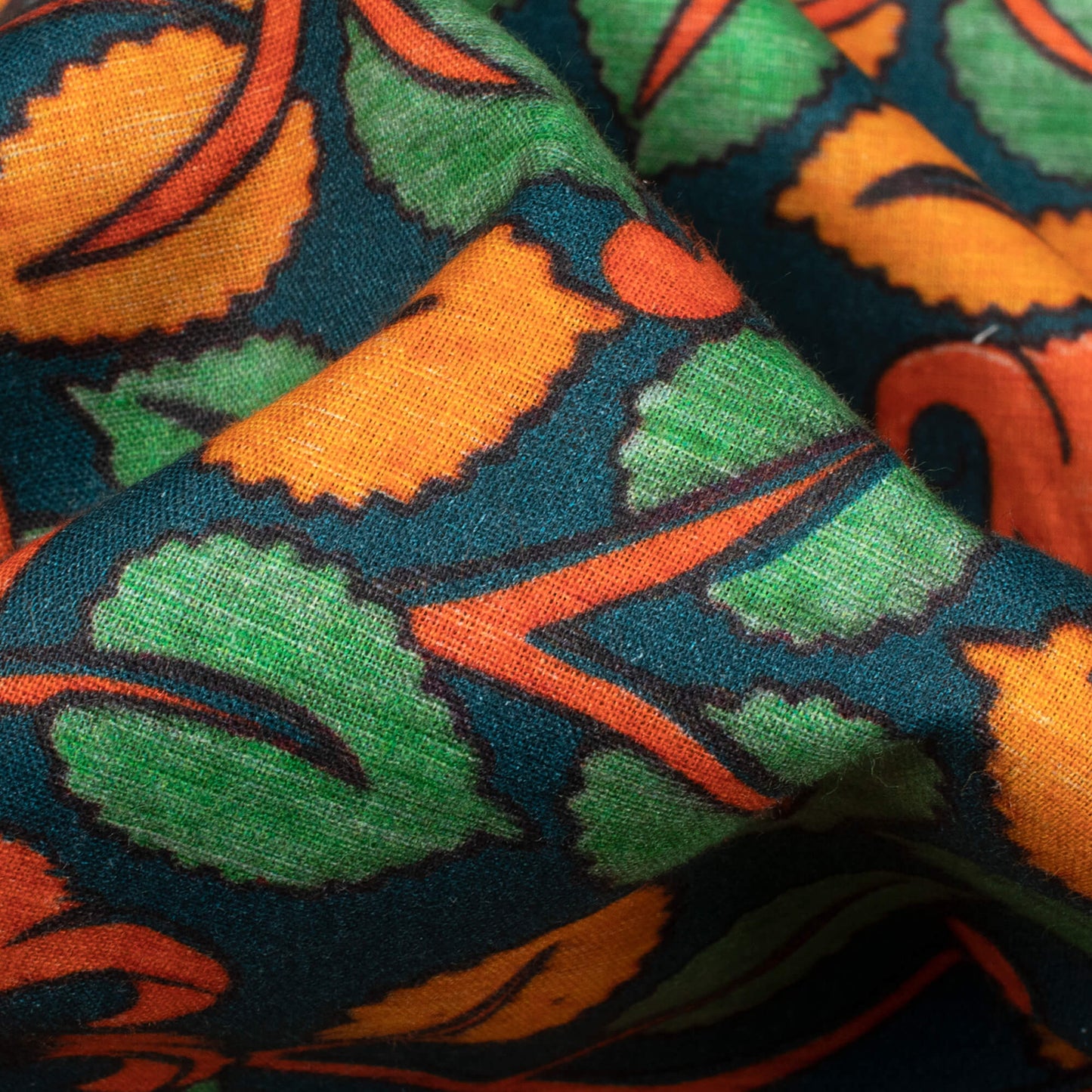 Teal Green And Carrot Orange Kalamkrii Pattern Digital Print Cotton Cambric Fabric