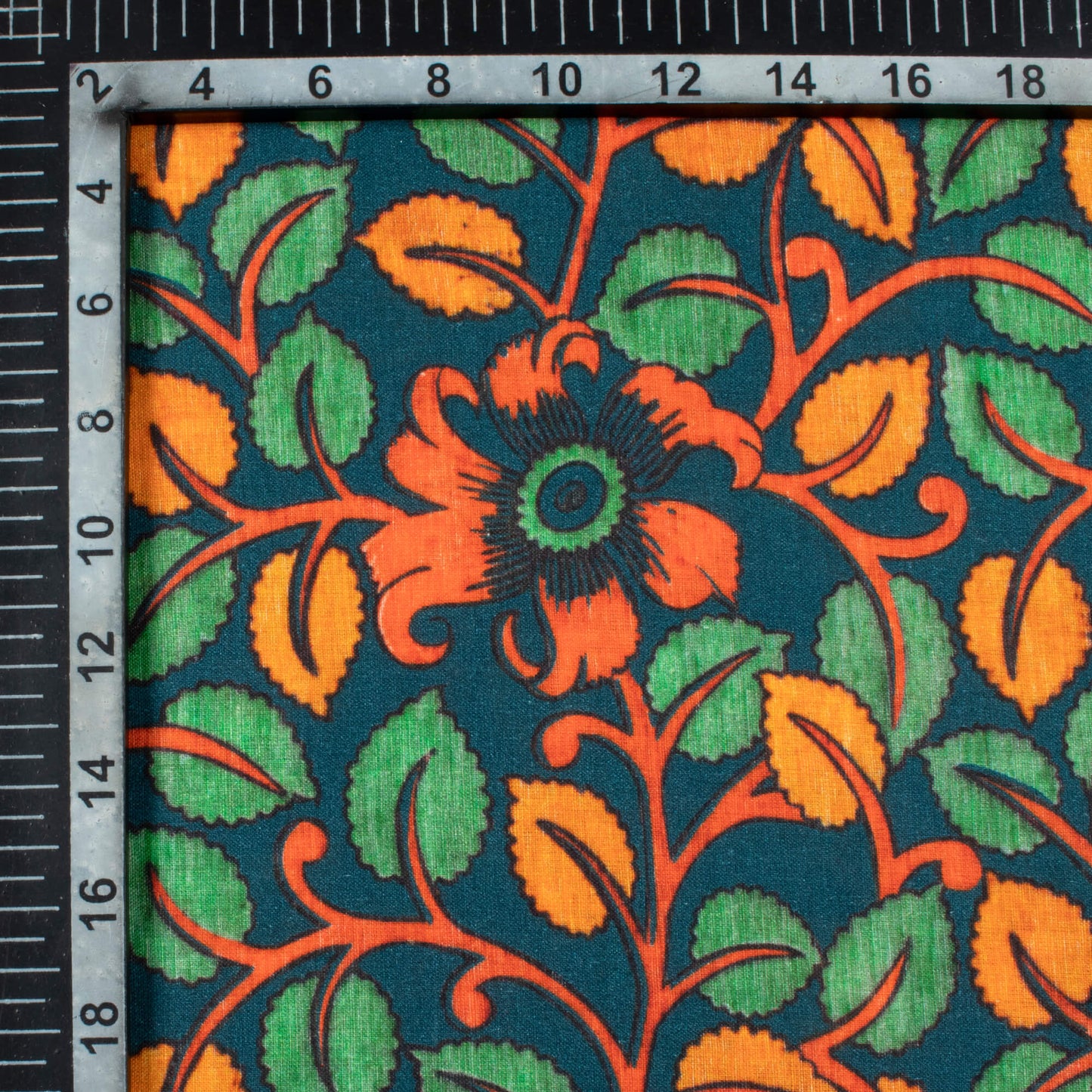 Teal Green And Carrot Orange Kalamkrii Pattern Digital Print Cotton Cambric Fabric