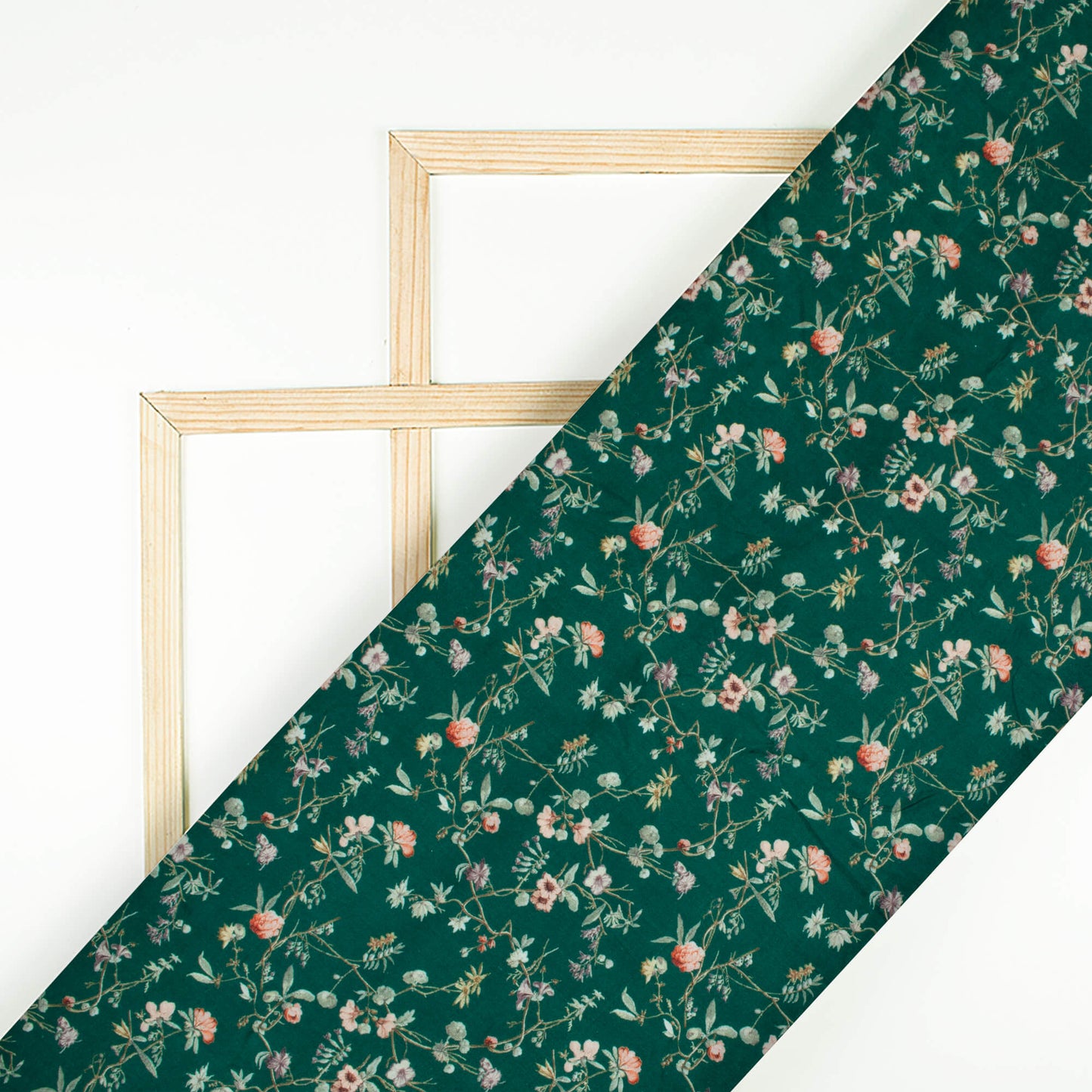 Deep Sea Green And Pink Floral Pattern Digital Print Cotton Cambric Fabric
