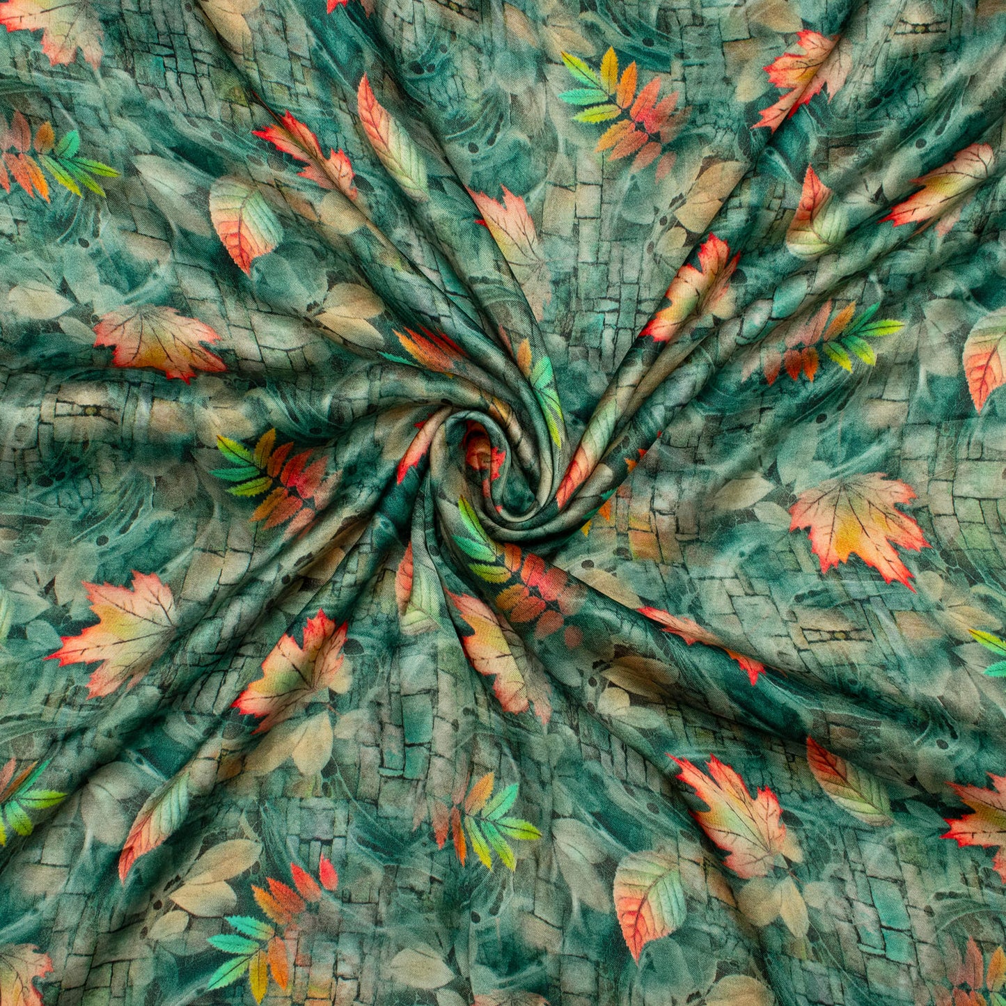 Pine Green And Pink Leaf Pattern Digital Print Viscose Gaji Silk Fabric