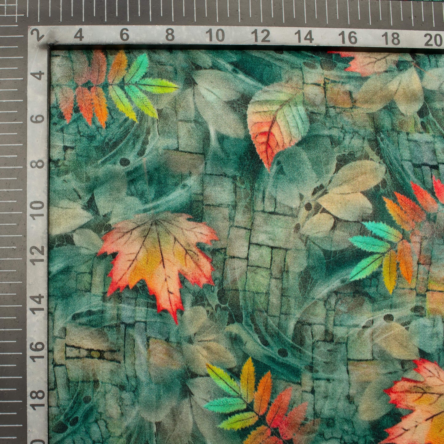 Pine Green And Pink Leaf Pattern Digital Print Viscose Gaji Silk Fabric