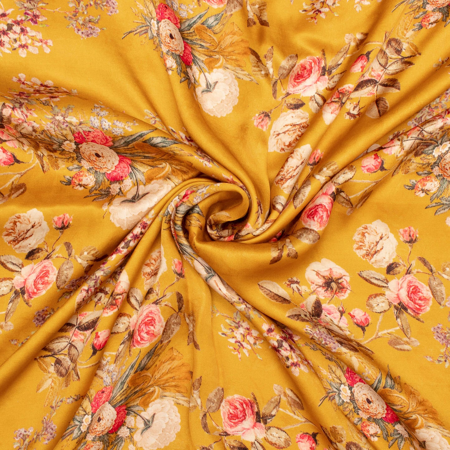 Fire Yellow And Rose Pink Floral Pattern Digital Print Viscose Gaji Silk Fabric