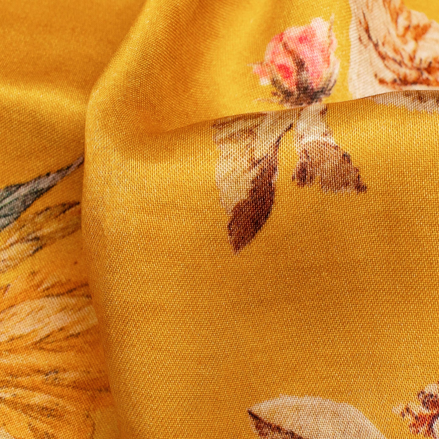 Fire Yellow And Rose Pink Floral Pattern Digital Print Viscose Gaji Silk Fabric