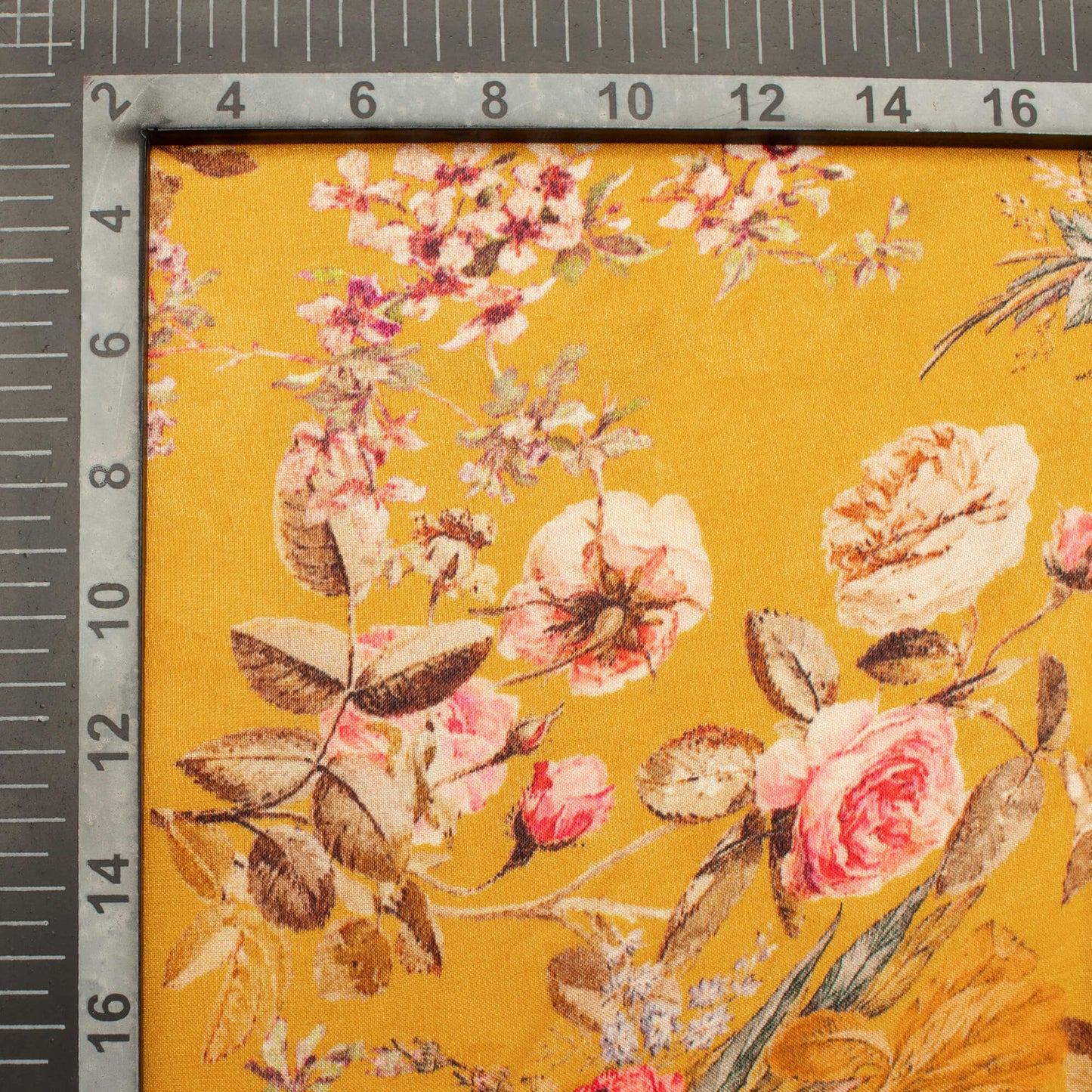 Fire Yellow And Rose Pink Floral Pattern Digital Print Viscose Gaji Silk Fabric