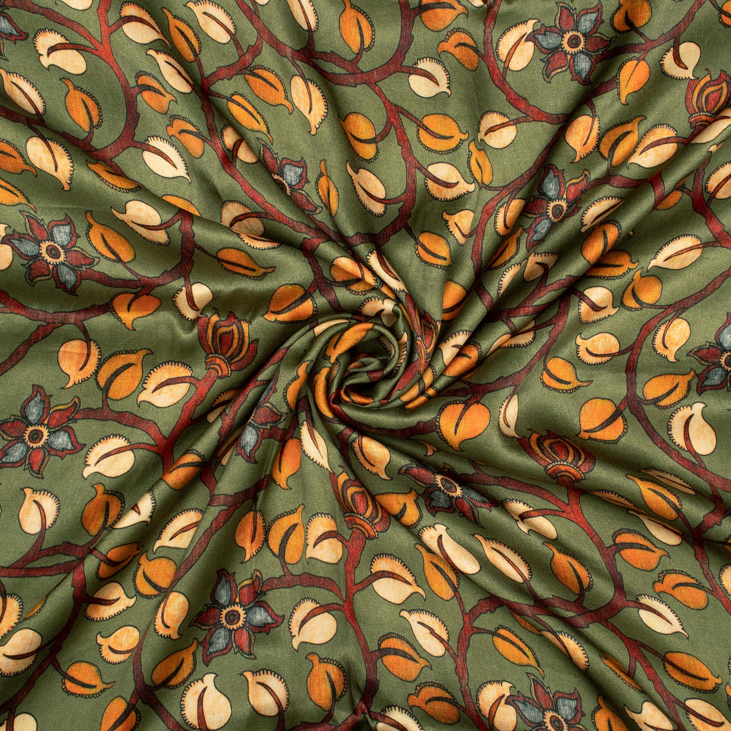 Fern Green And Orange Kalamkrii Pattern Digital Print Viscose Gaji Silk Fabric
