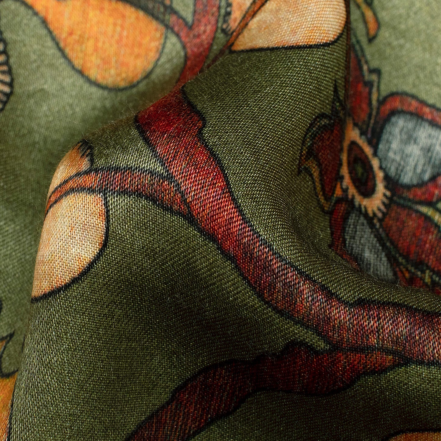 Fern Green And Orange Kalamkrii Pattern Digital Print Viscose Gaji Silk Fabric