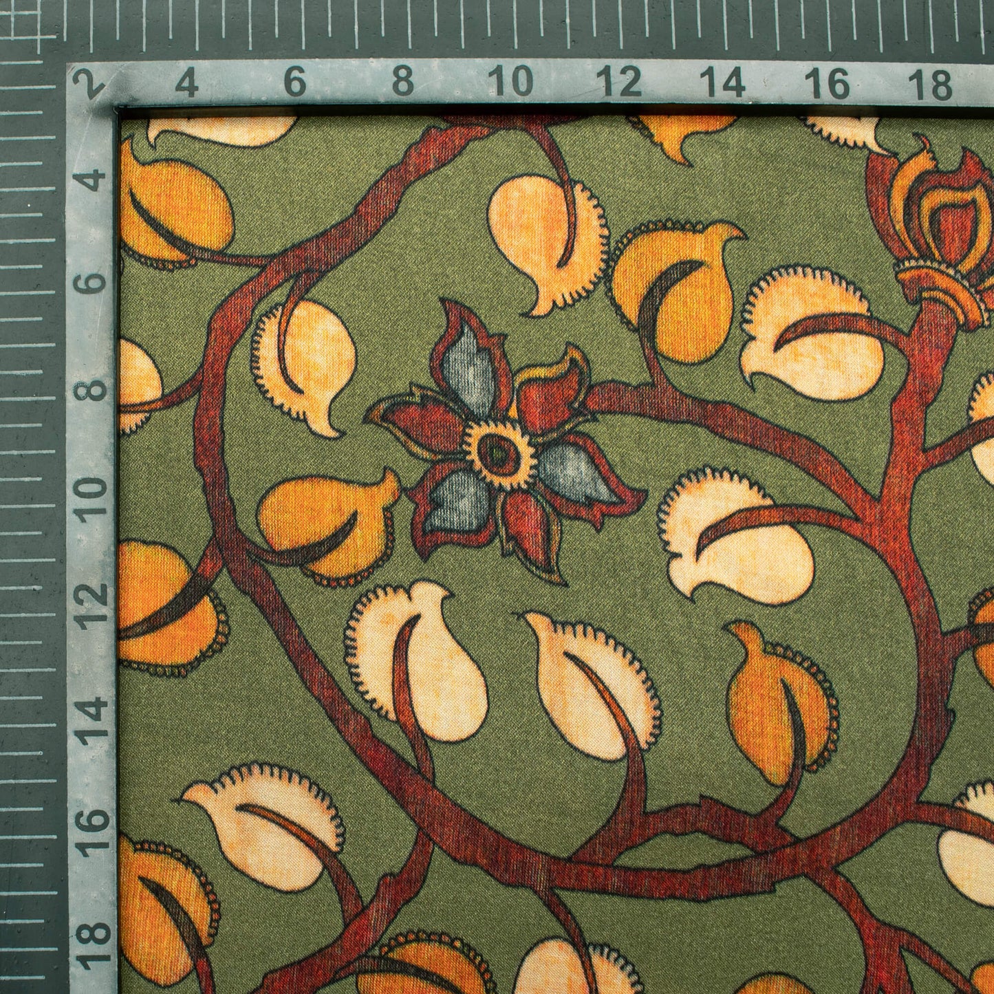 Fern Green And Orange Kalamkrii Pattern Digital Print Viscose Gaji Silk Fabric