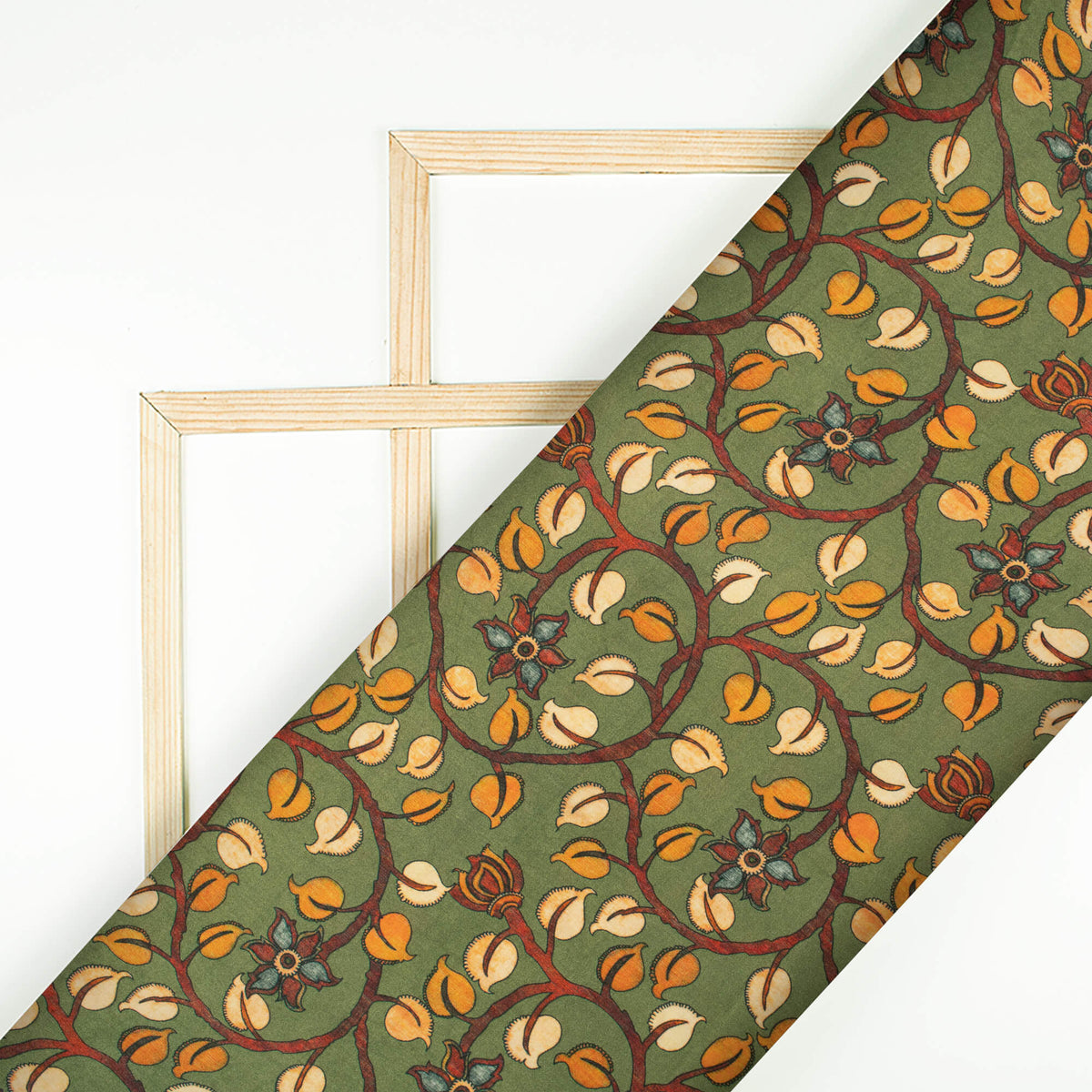 Fern Green And Orange Kalamkrii Pattern Digital Print Viscose Gaji Silk Fabric