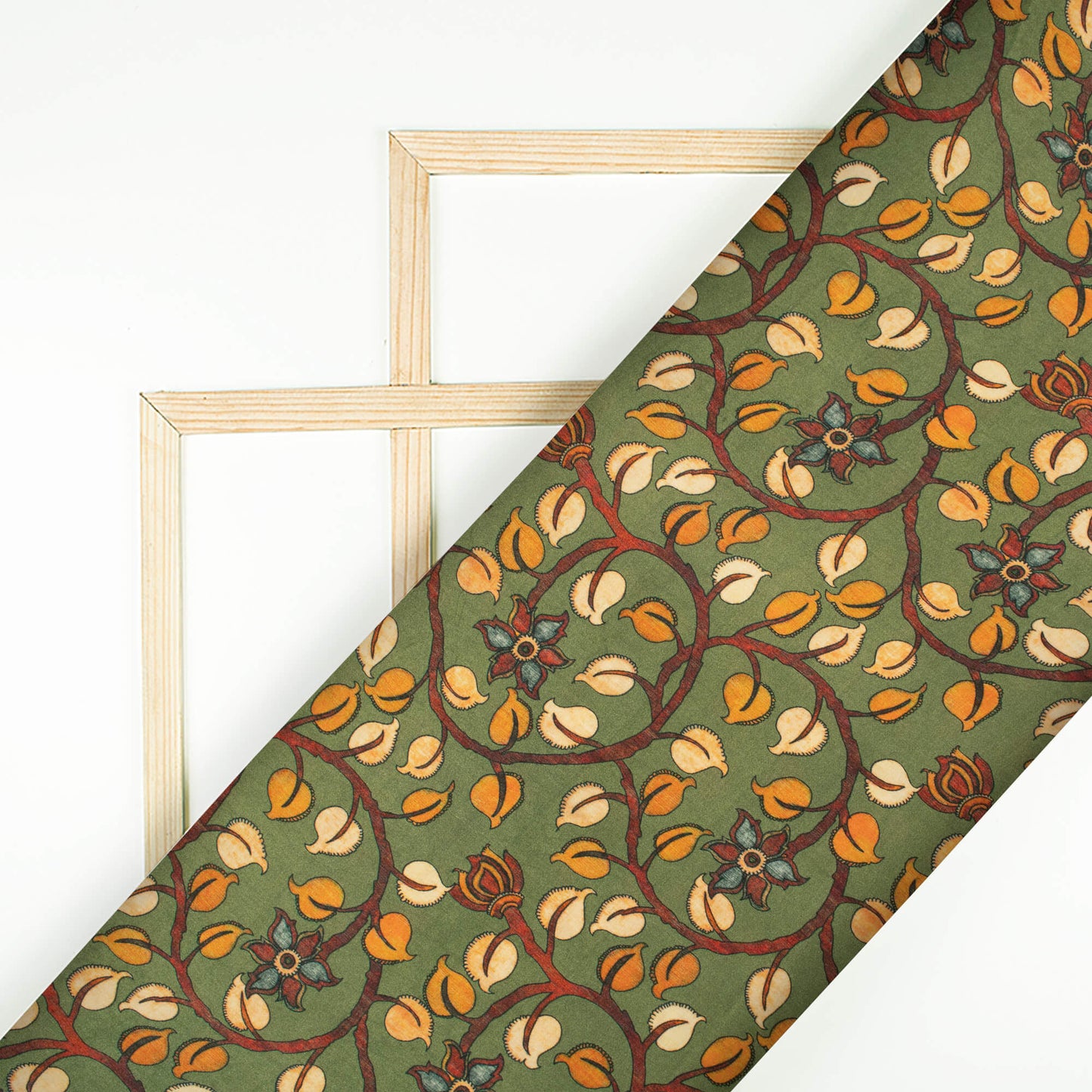 Fern Green And Orange Kalamkrii Pattern Digital Print Viscose Gaji Silk Fabric