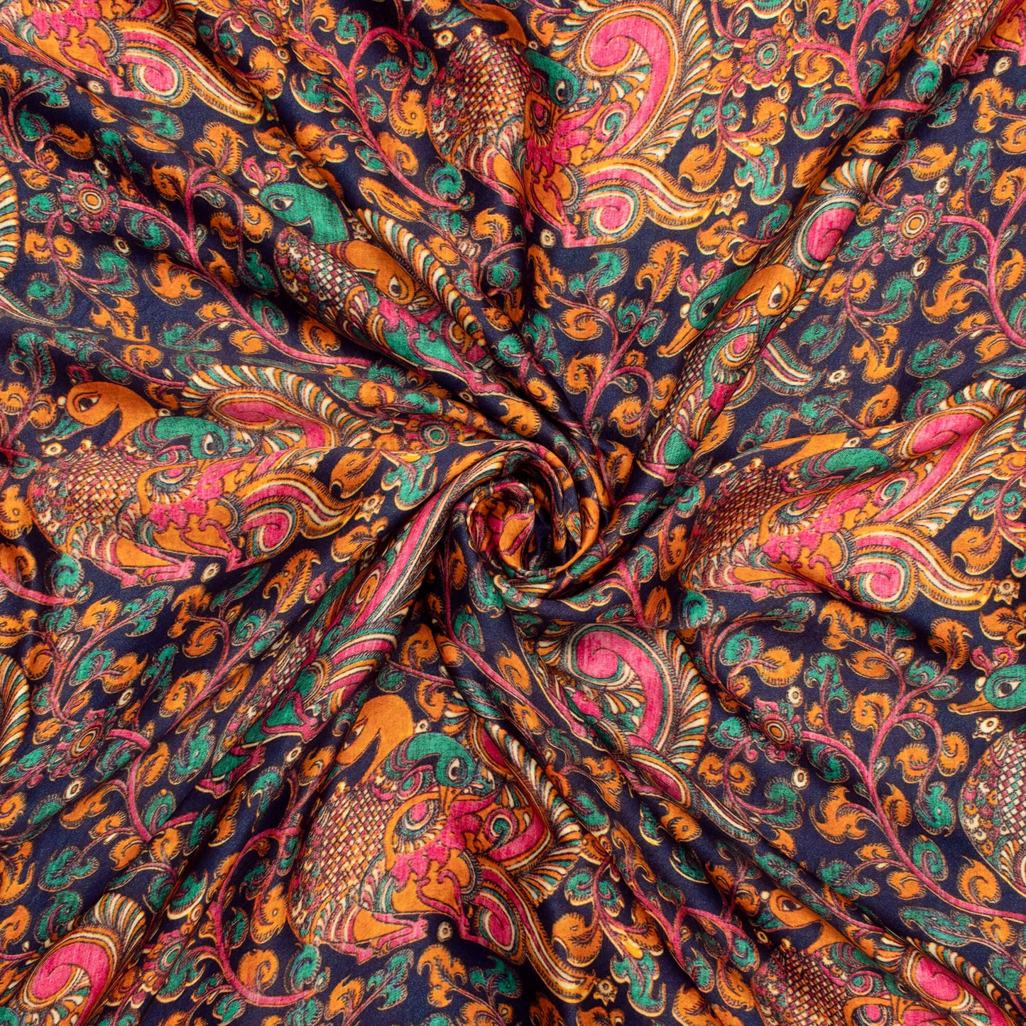 Prussian Blue And Hot Pink Kalamkrii Pattern Digital Print Viscose Gaji Silk Fabric