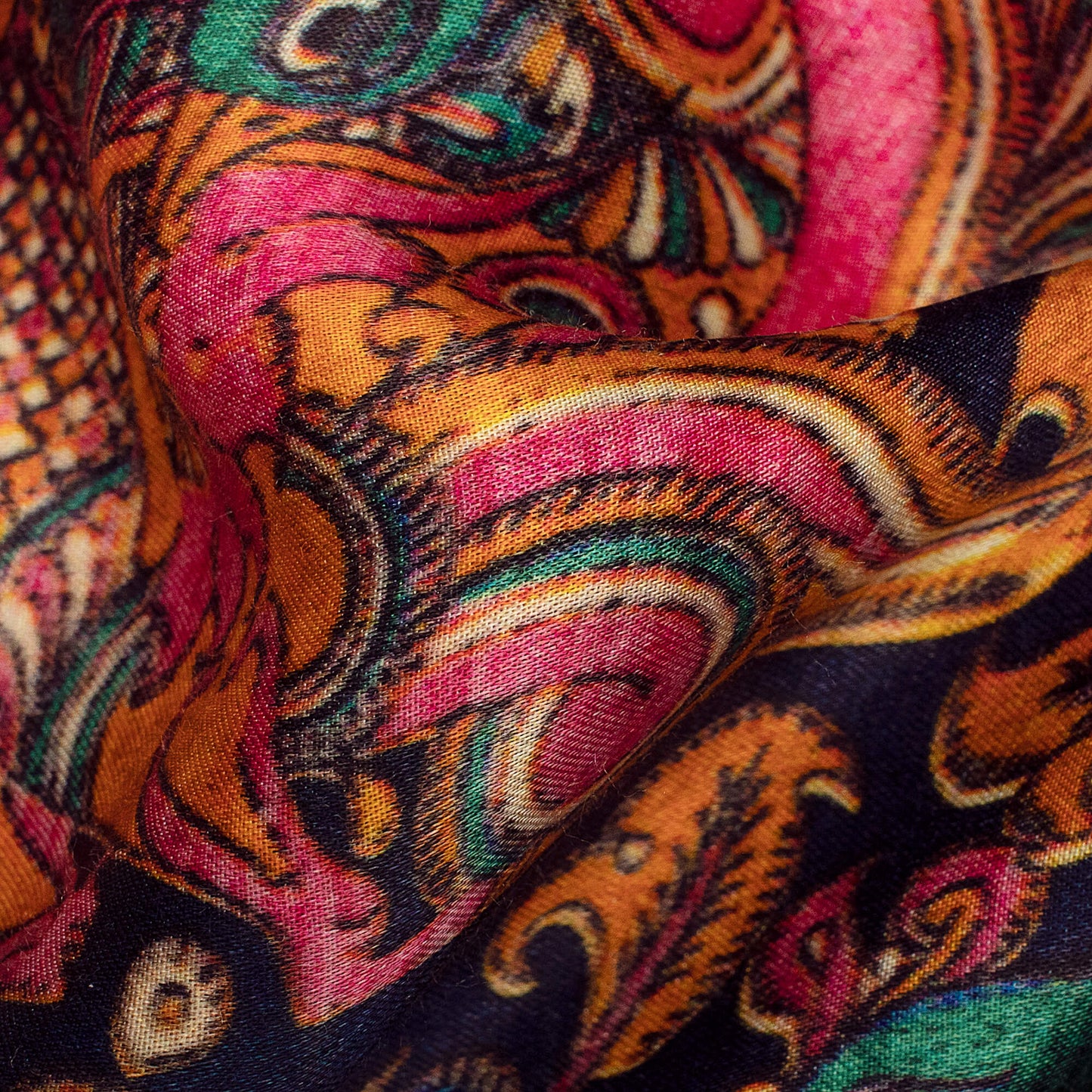 Prussian Blue And Hot Pink Kalamkrii Pattern Digital Print Viscose Gaji Silk Fabric