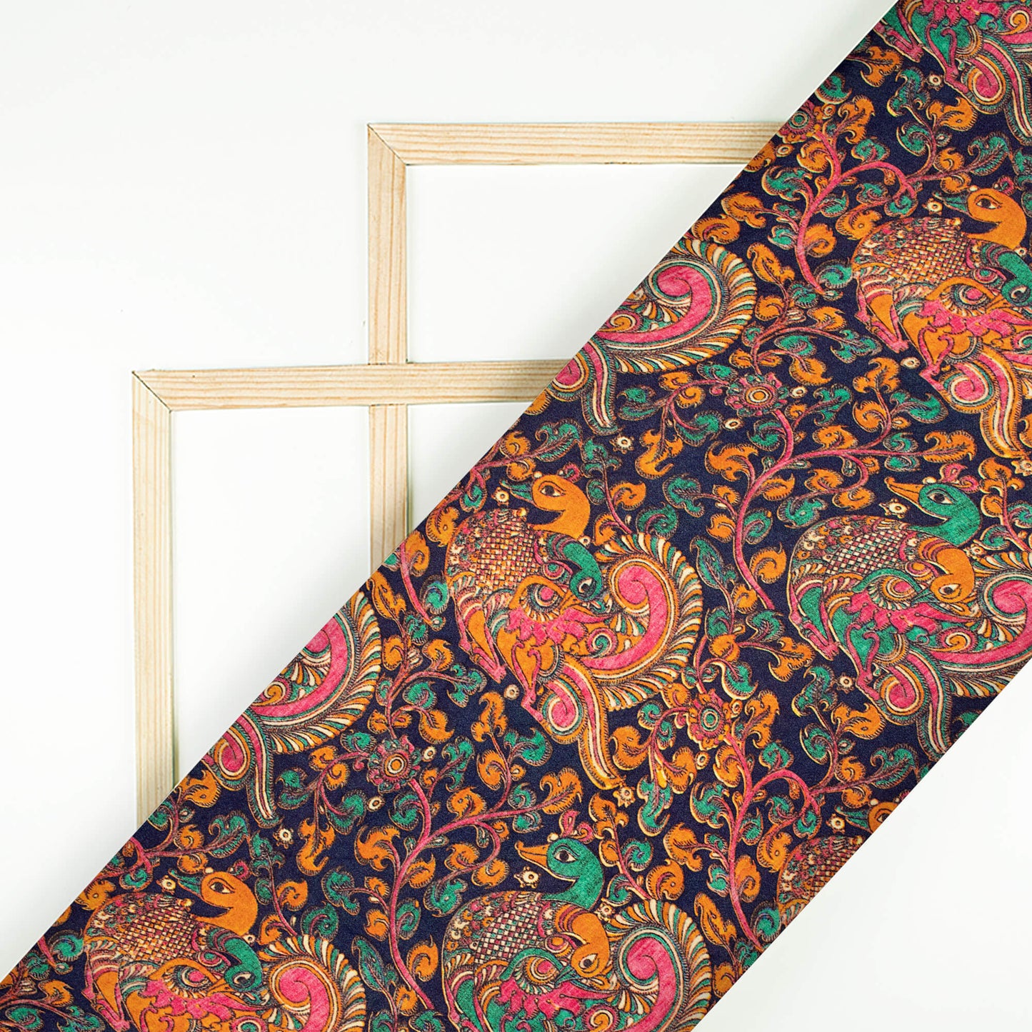 Prussian Blue And Hot Pink Kalamkrii Pattern Digital Print Viscose Gaji Silk Fabric