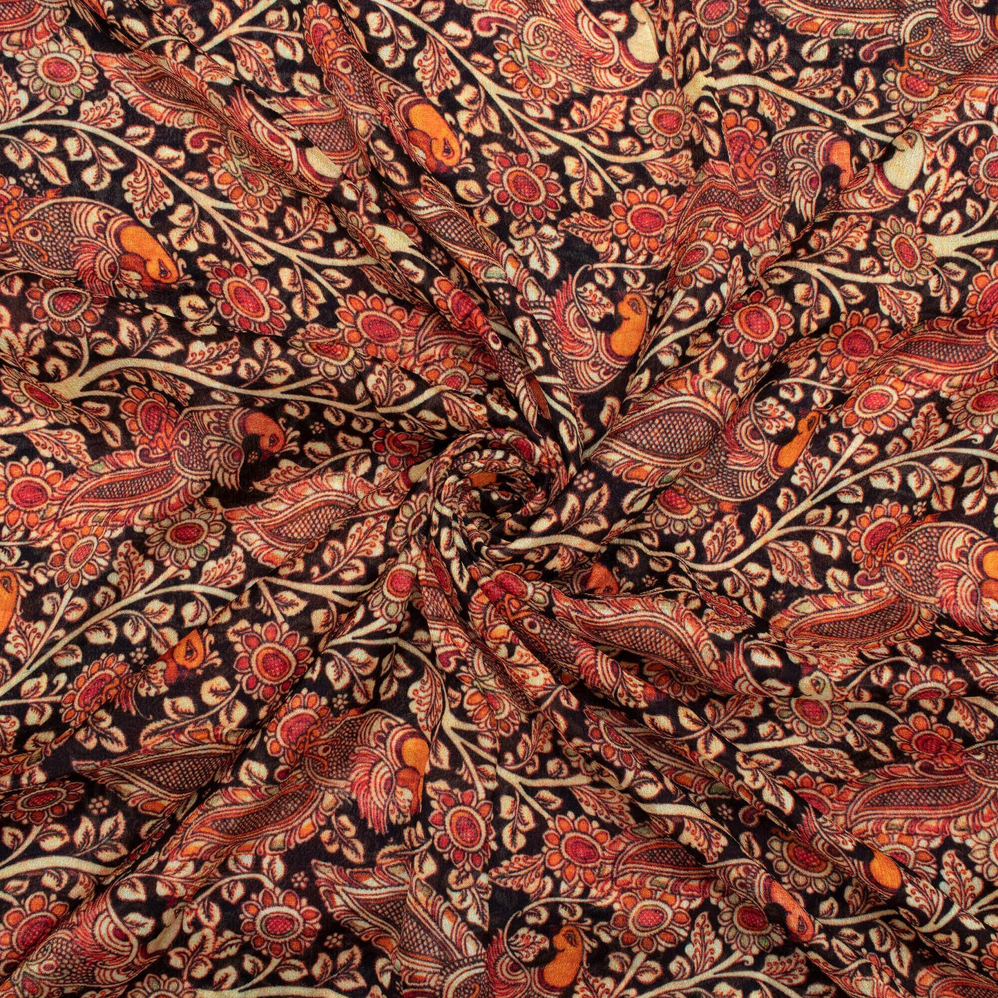 Black And Red Kalamkrii Pattern Digital Print Viscose Chinnon Chiffon Fabric