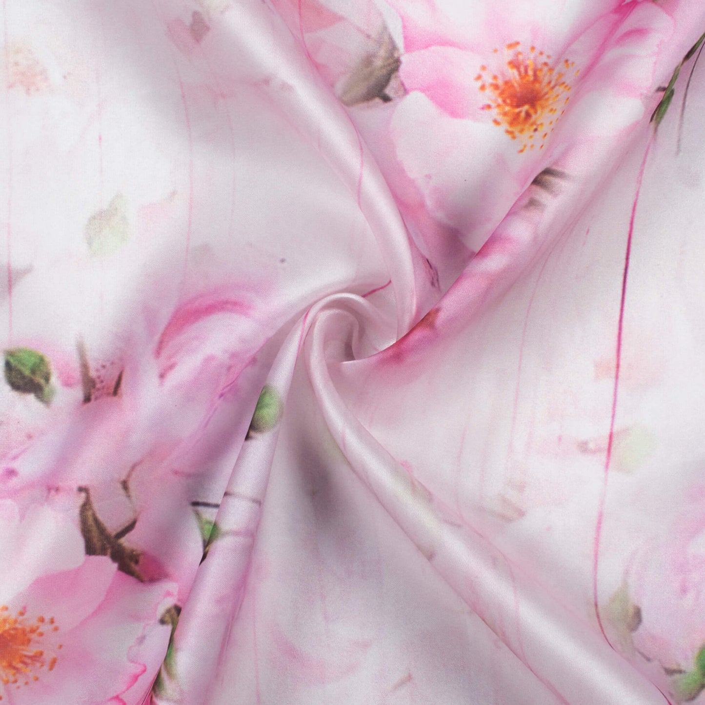White And Rose Pink Floral Pattern Digital Print Organza Satin Fabric