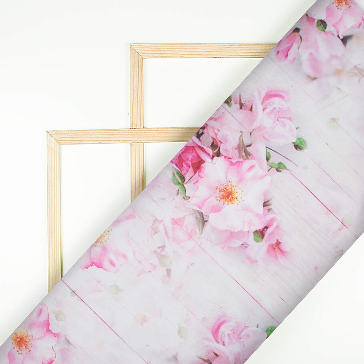 White And Rose Pink Floral Pattern Digital Print Organza Satin Fabric