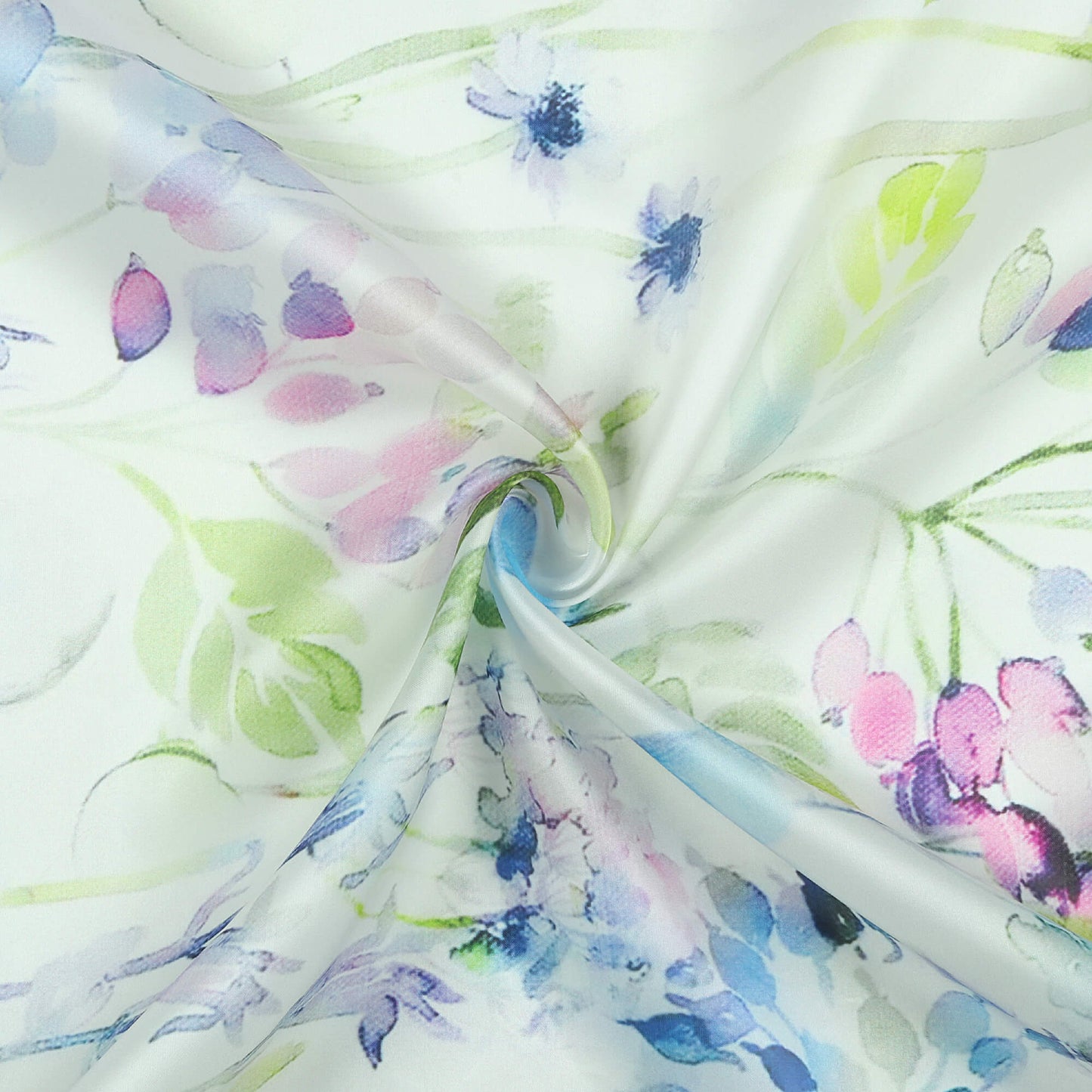 White And Azure Blue Floral Pattern Digital Print Organza Satin Fabric