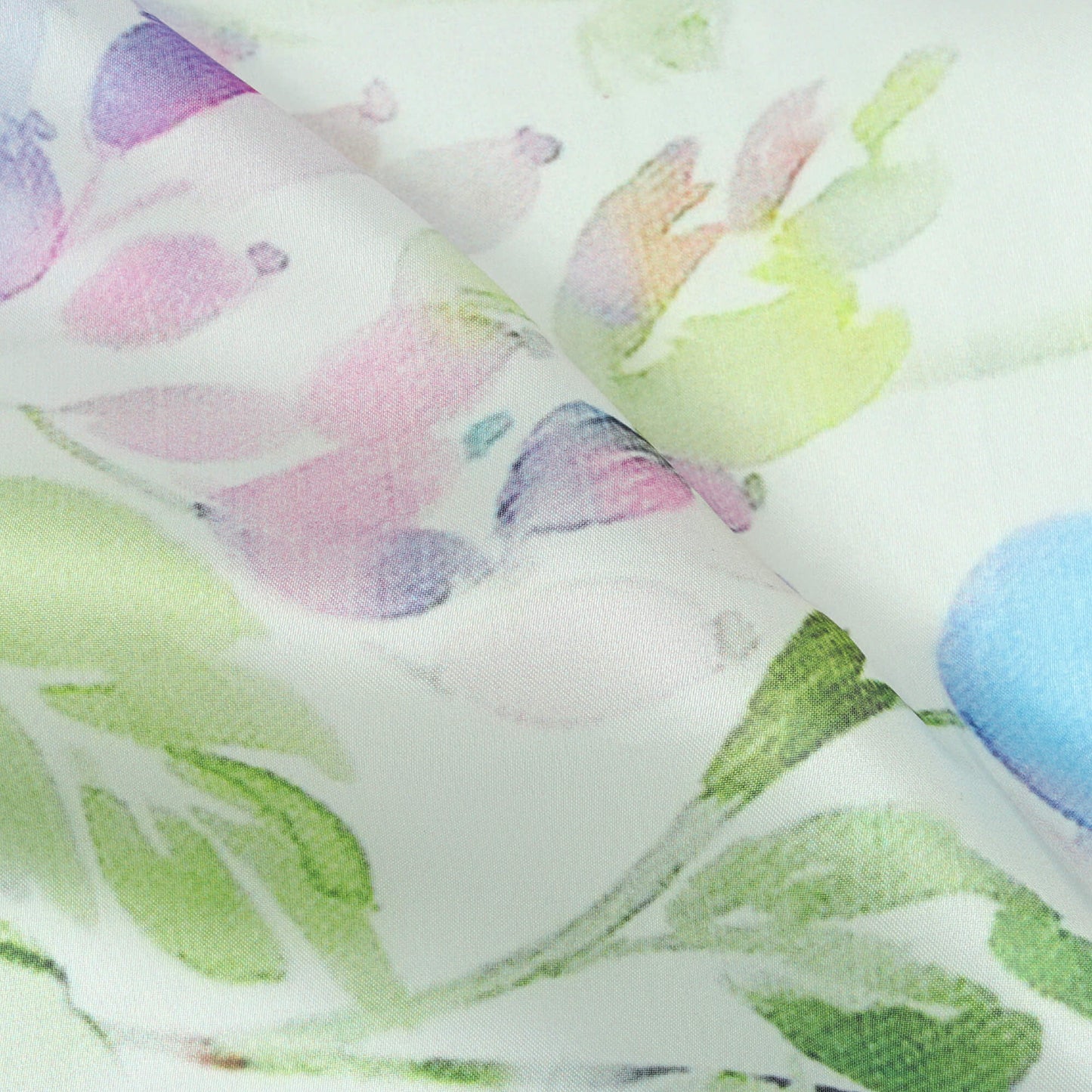 White And Azure Blue Floral Pattern Digital Print Organza Satin Fabric