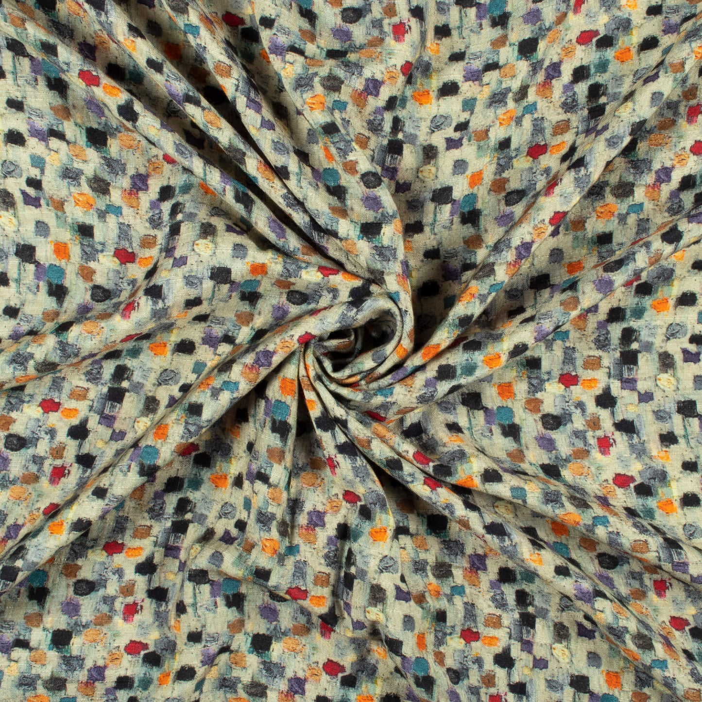 Cream And Navy Blue Geometric Pattern Digital Print Viscose Muga Silk Fabric