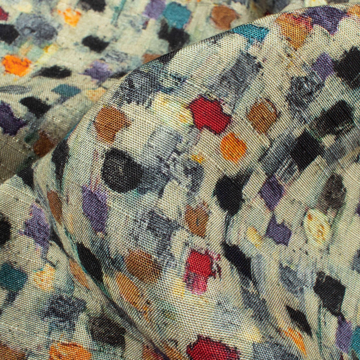 Cream And Navy Blue Geometric Pattern Digital Print Viscose Muga Silk Fabric