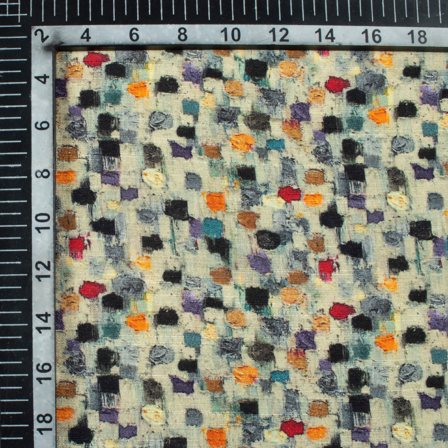 Cream And Navy Blue Geometric Pattern Digital Print Viscose Muga Silk Fabric