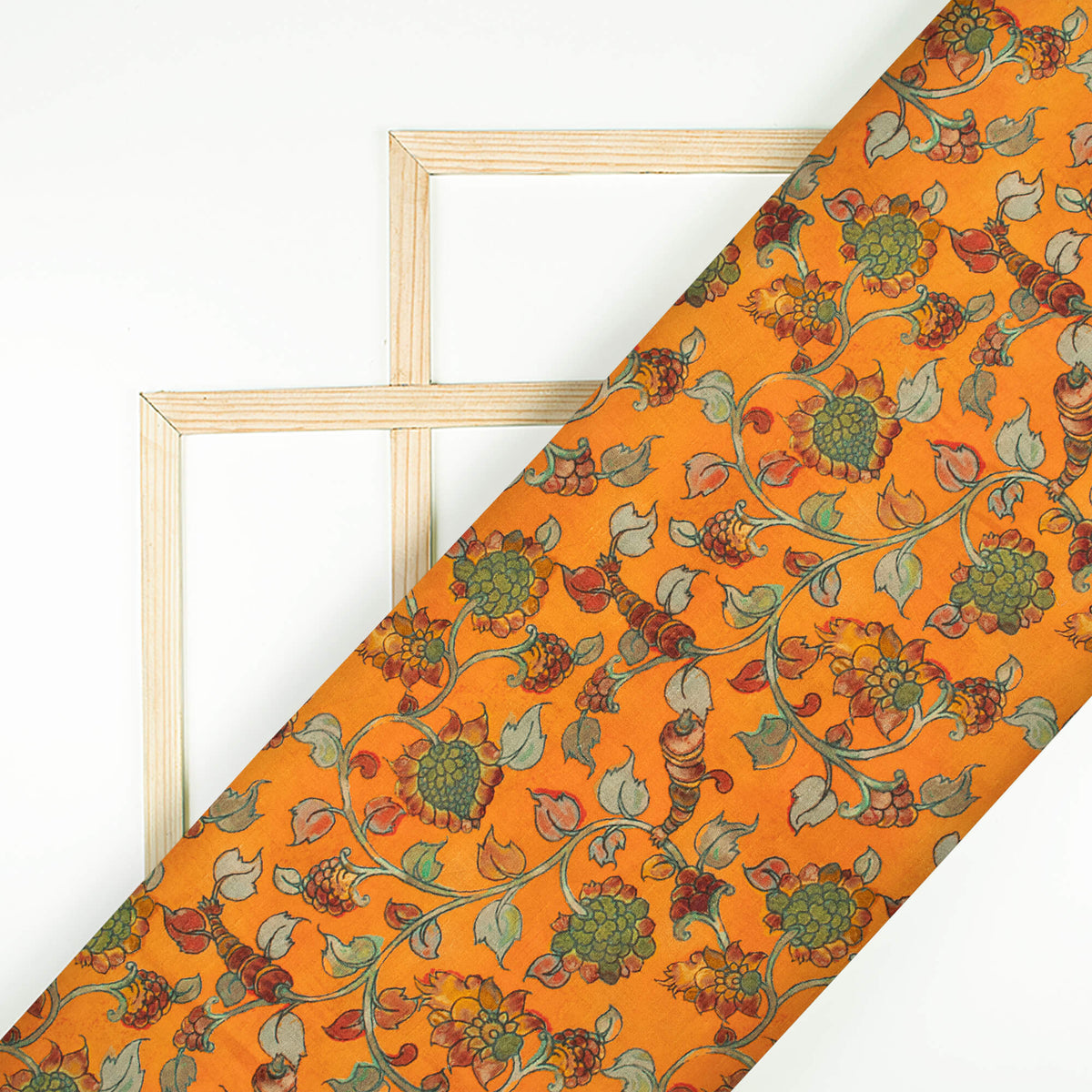 Tiger Orange And Red Kalamkrii Pattern Digital Print Bemberg Raw Silk Fabric