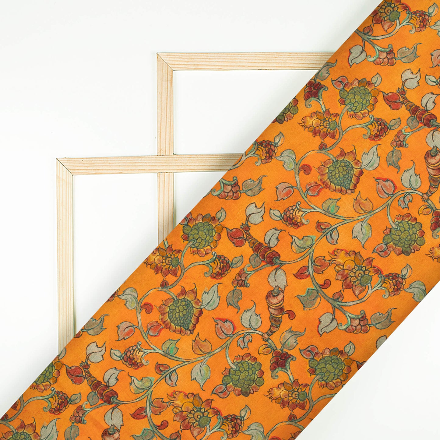 Tiger Orange And Red Kalamkrii Pattern Digital Print Bemberg Raw Silk Fabric