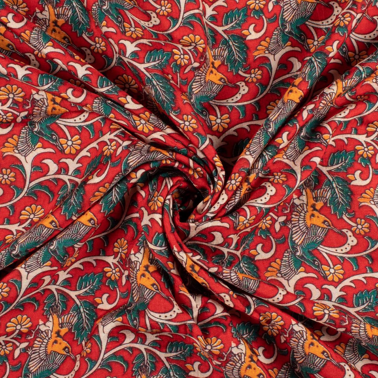Crimson Red And Bottle Green Kalamkrii Pattern Digital Print Bemberg Raw Silk Fabric