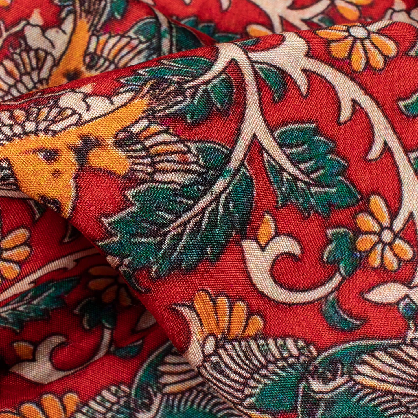 Crimson Red And Bottle Green Kalamkrii Pattern Digital Print Bemberg Raw Silk Fabric