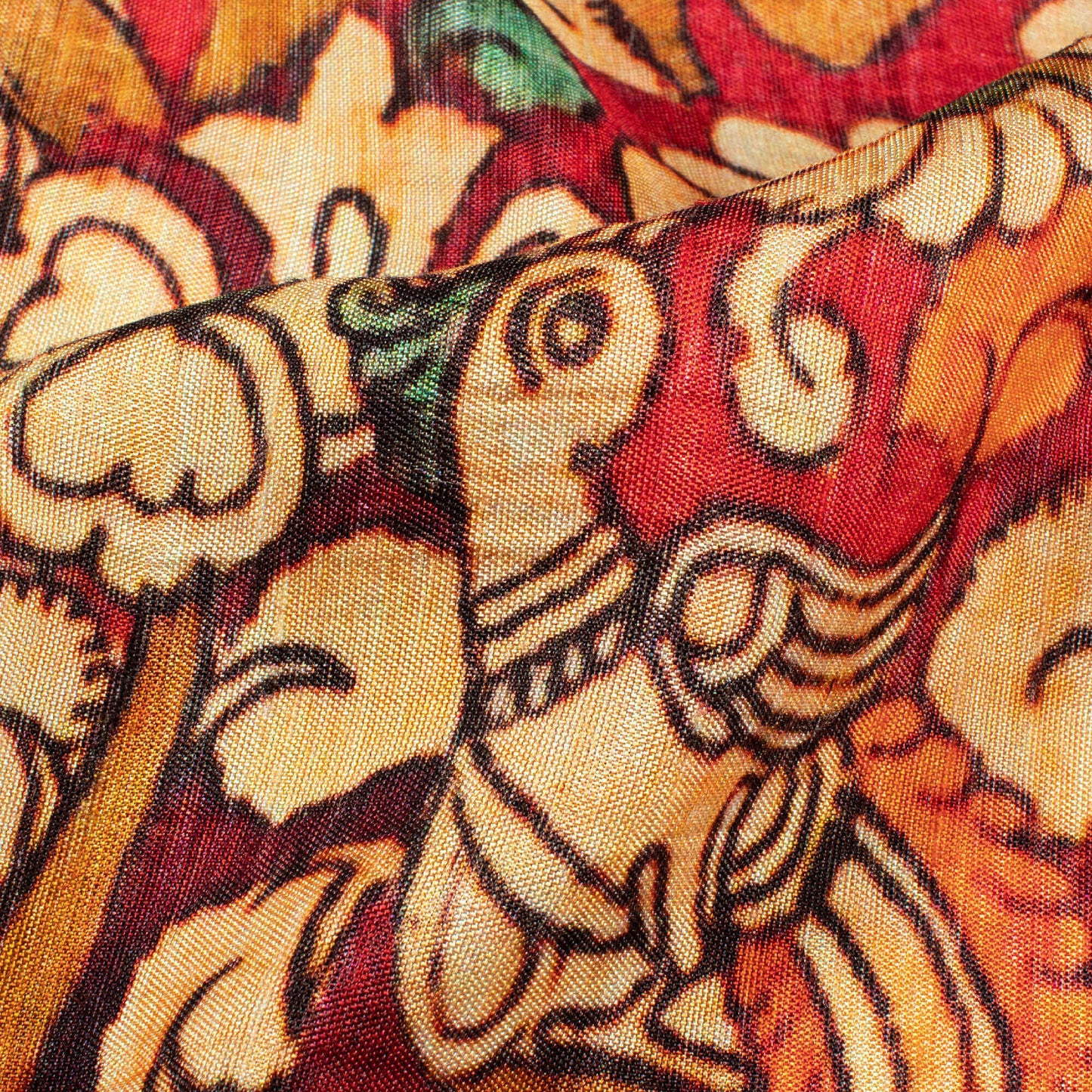 Crimson Red And Beige Kalamkrii Pattern Digital Print Bemberg Raw Silk Fabric