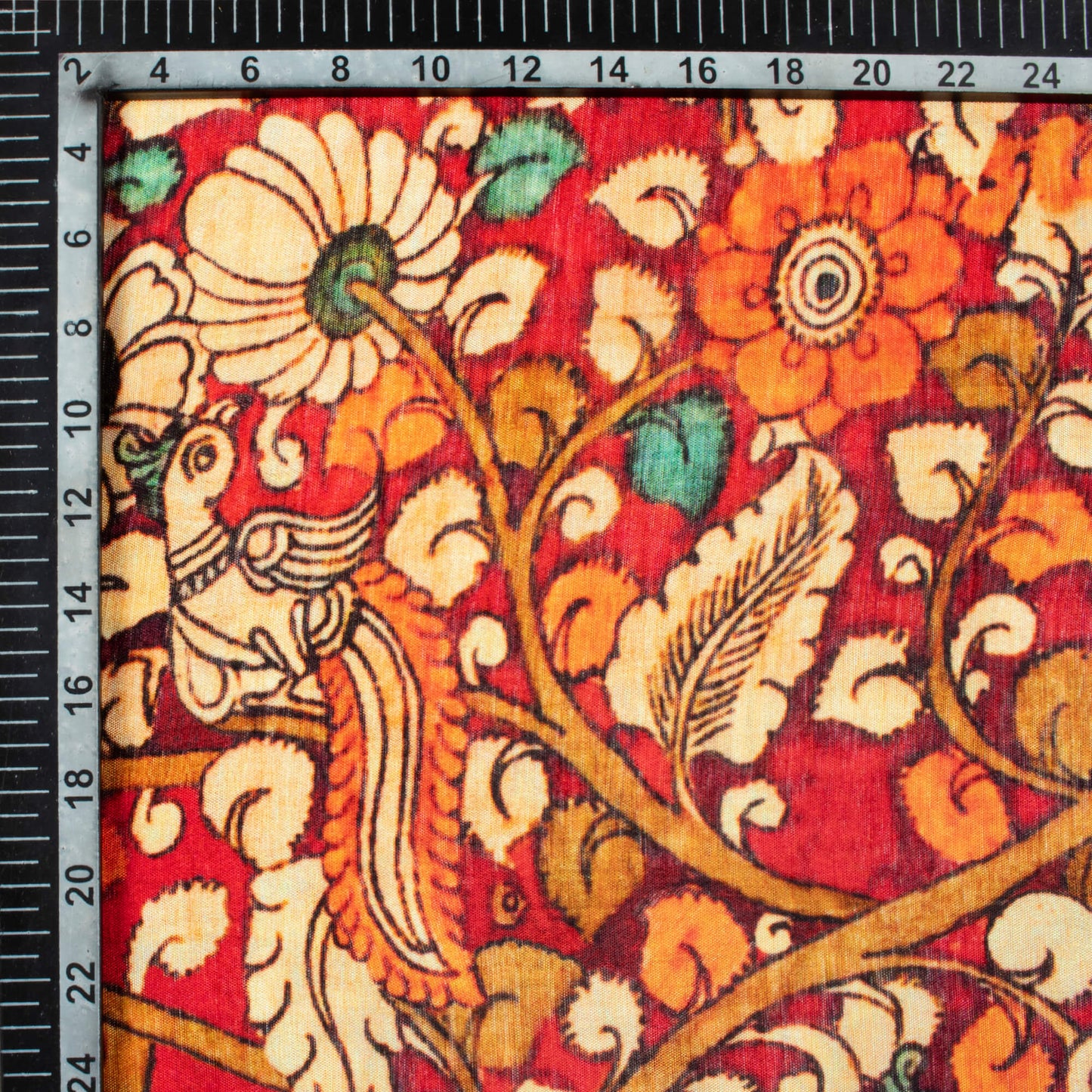 Crimson Red And Beige Kalamkrii Pattern Digital Print Bemberg Raw Silk Fabric