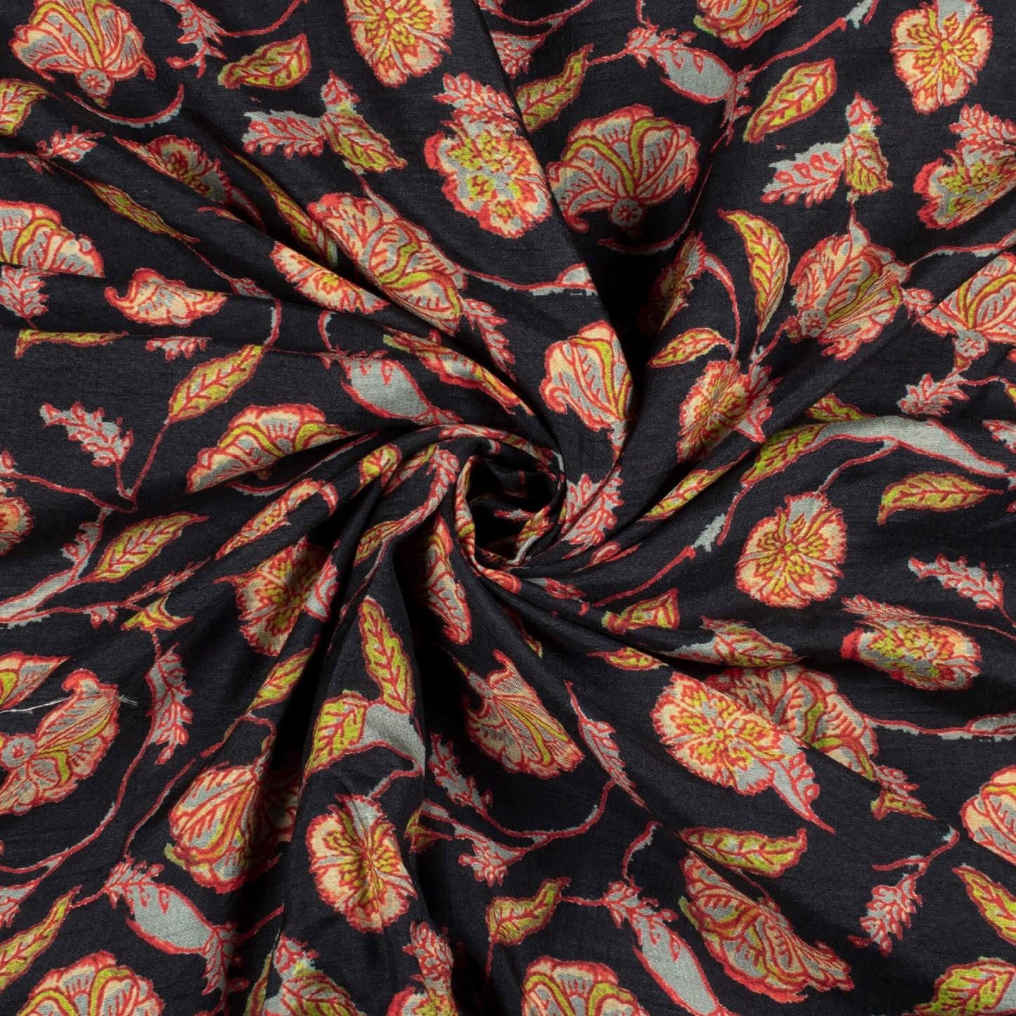 Black And Red Kalamkrii Pattern Digital Print Bemberg Raw Silk Fabric