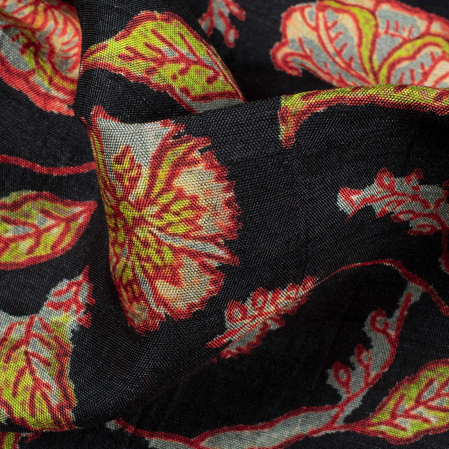 Black And Red Kalamkrii Pattern Digital Print Bemberg Raw Silk Fabric