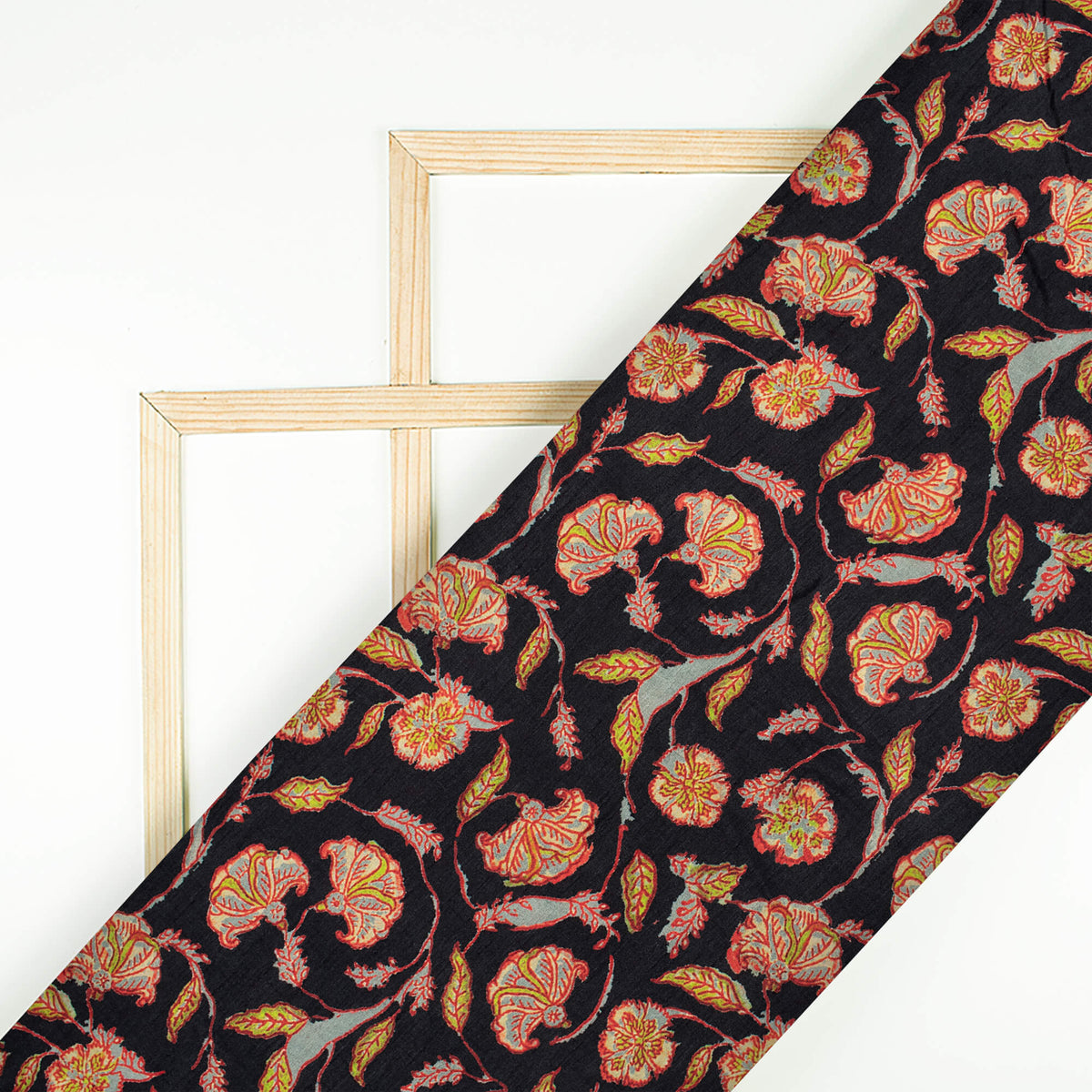 Black And Red Kalamkrii Pattern Digital Print Bemberg Raw Silk Fabric