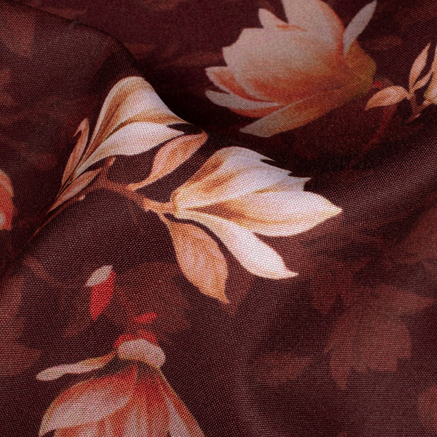 Hickory Brown And Peach Floral Pattern Digital Print Ultra Premium Butter Crepe Fabric