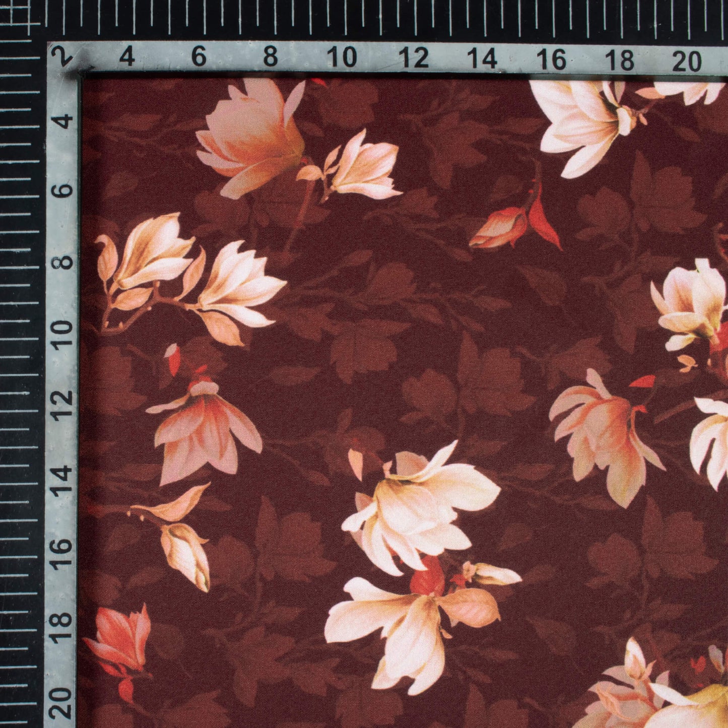 Hickory Brown And Peach Floral Pattern Digital Print Ultra Premium Butter Crepe Fabric