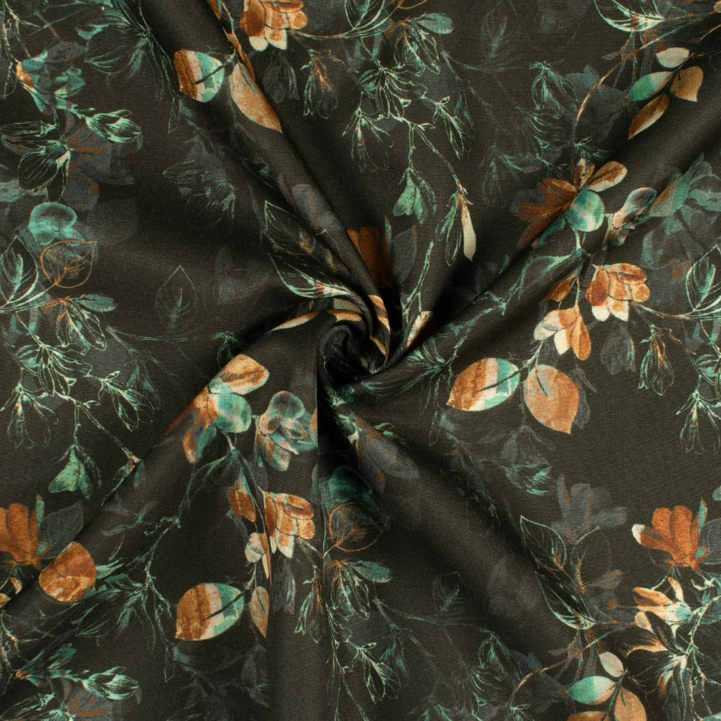 Black And Rust Orange Leaf Pattern Digital Print Ultra Premium Butter Crepe Fabric