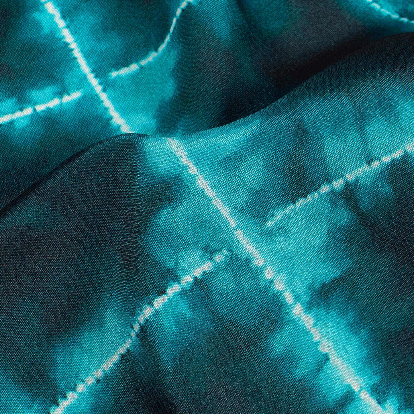 Peacock Blue And White Checks Pattern Digital Print Crepe Silk Fabric