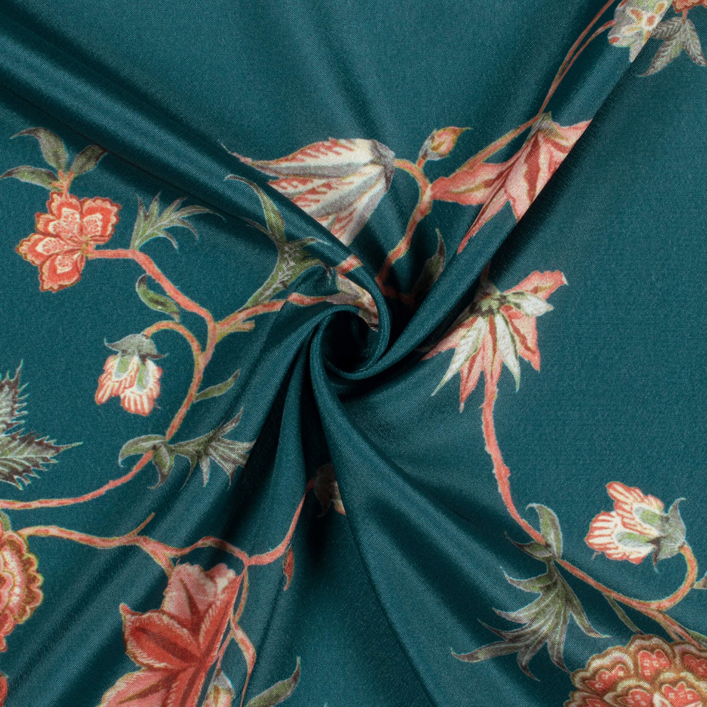 Peacock Blue And Red Floral Pattern Digital Print Crepe Silk Fabric